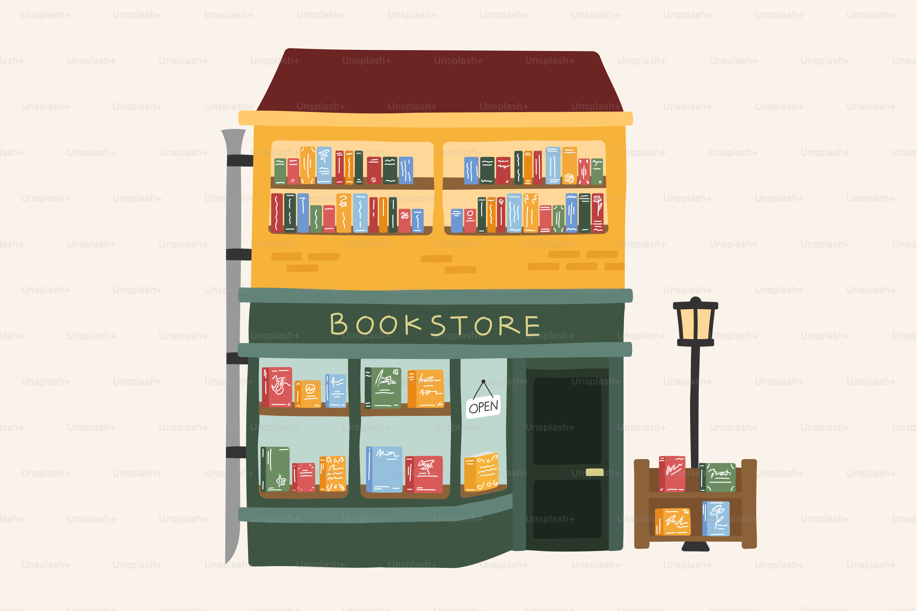 A book store with a lamp post in front of it