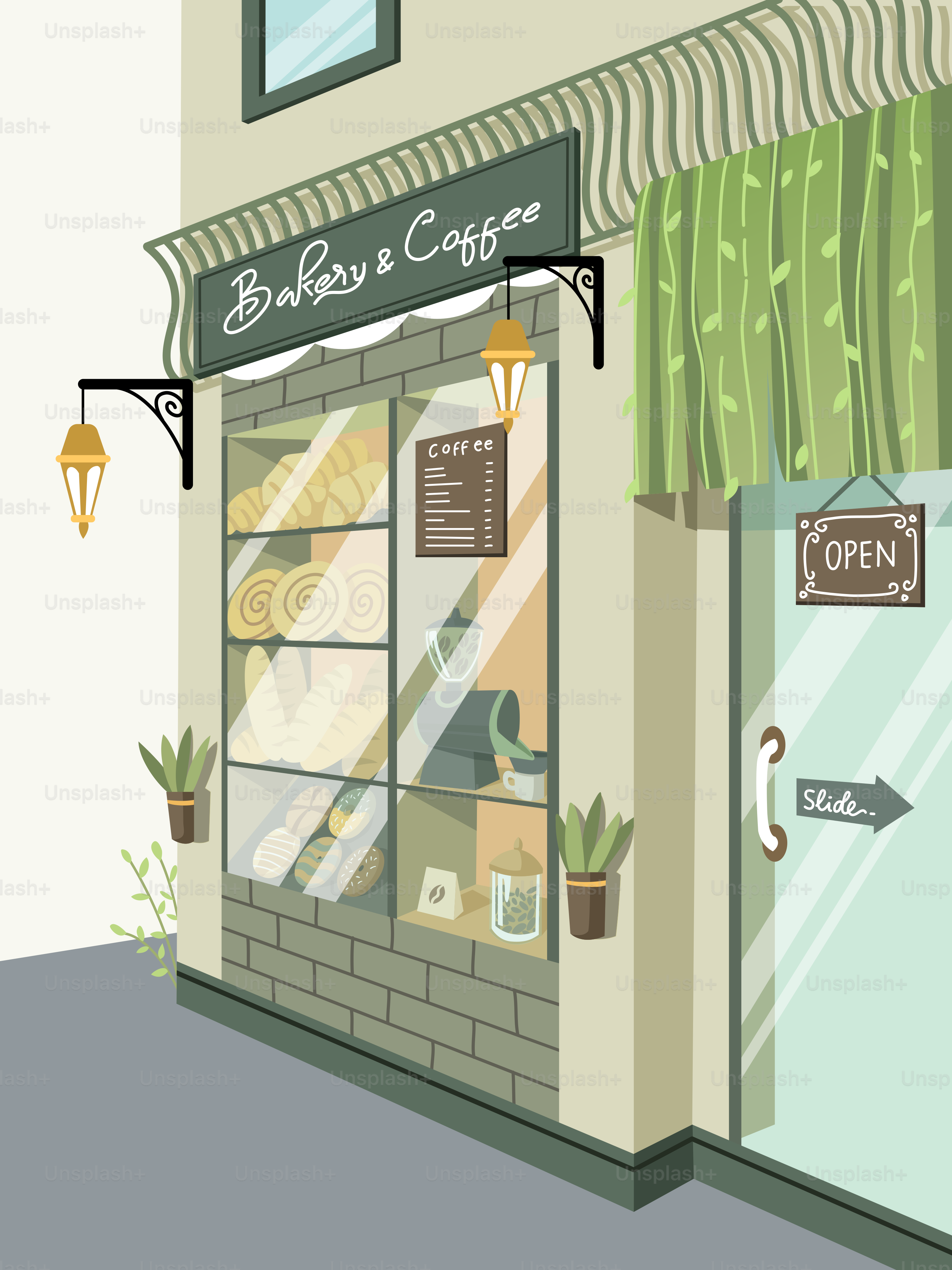 An illustration of a store front with a green awning