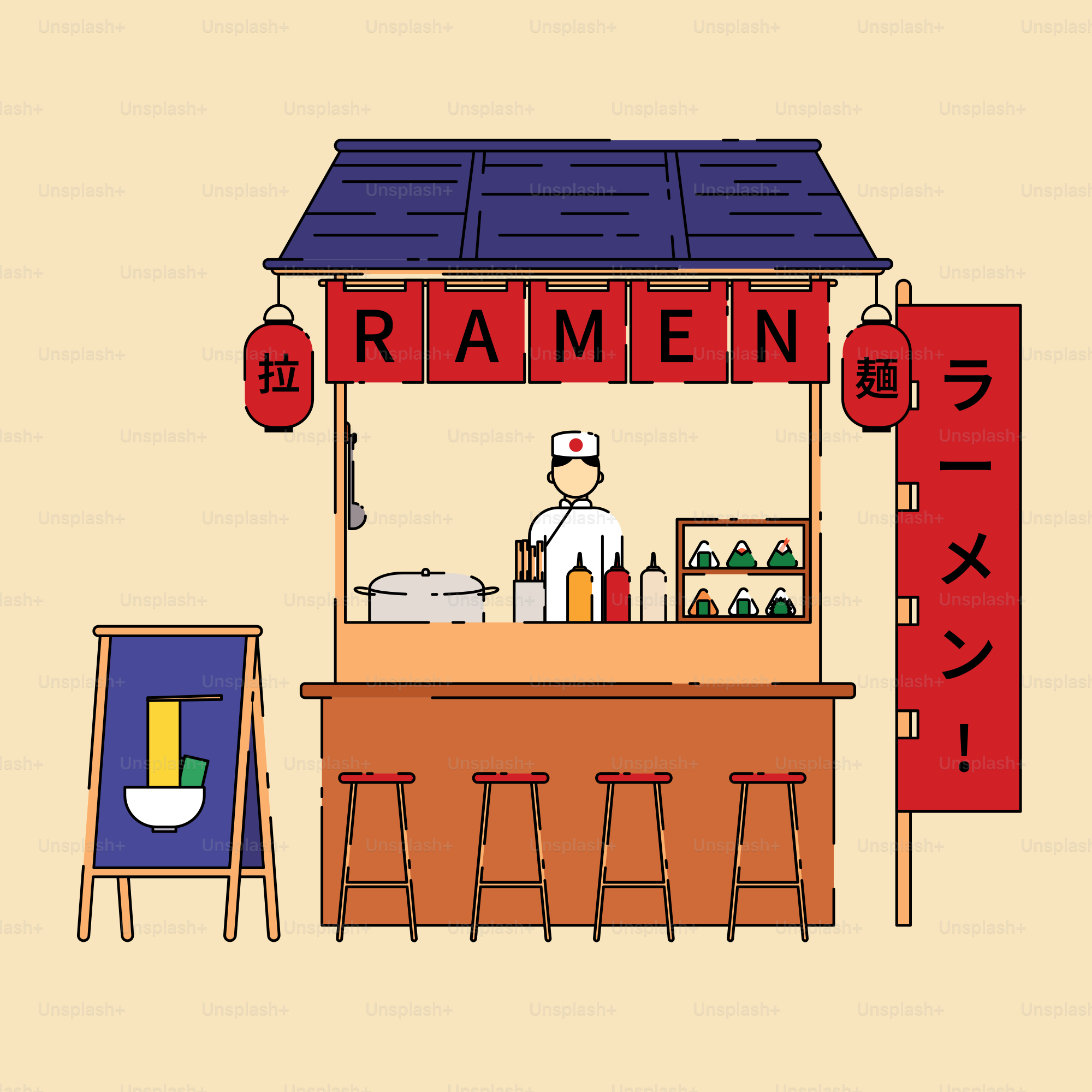 A drawing of a ramen stand with a man behind it