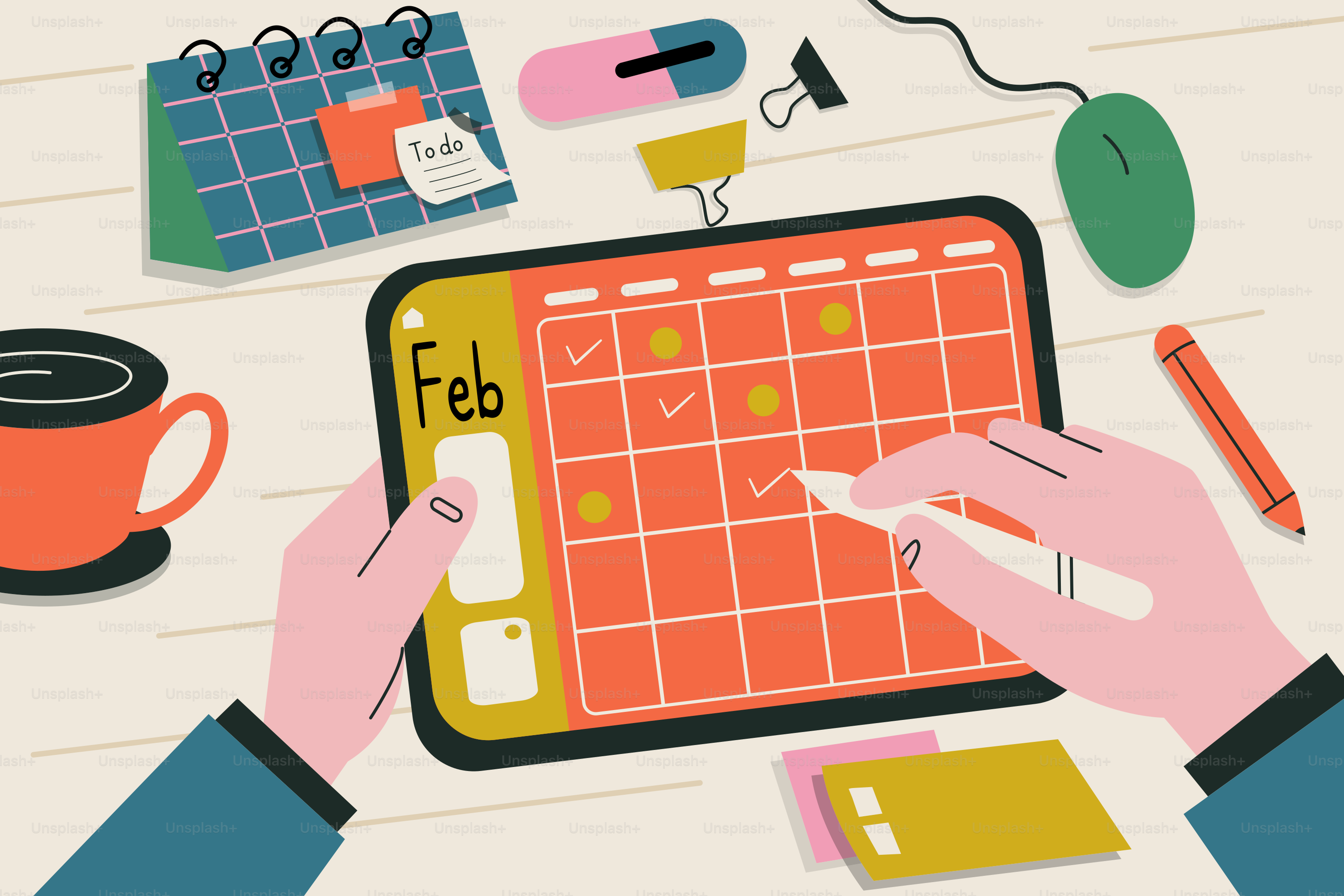 A person using a tablet with a calendar on it