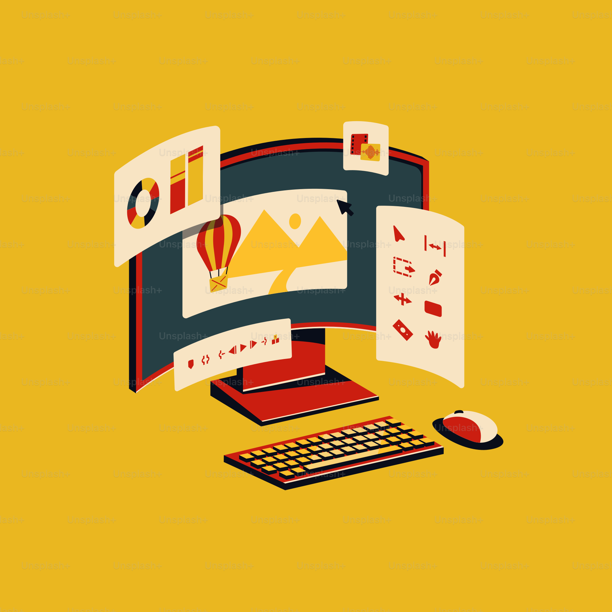 A computer screen with a keyboard and mouse