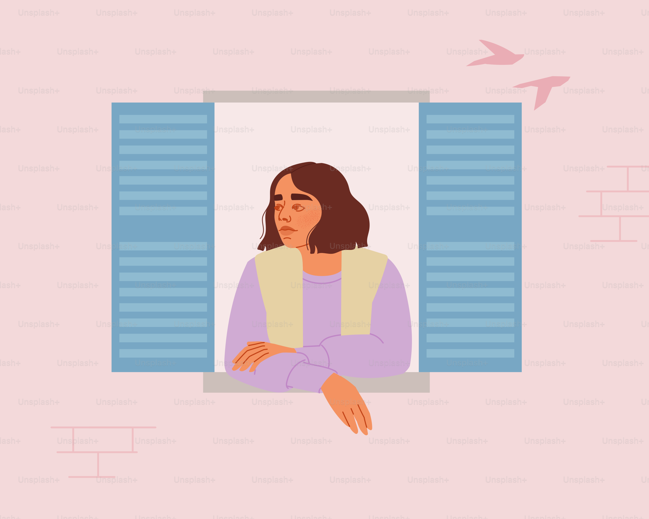 A woman looking out of a window with a pink background