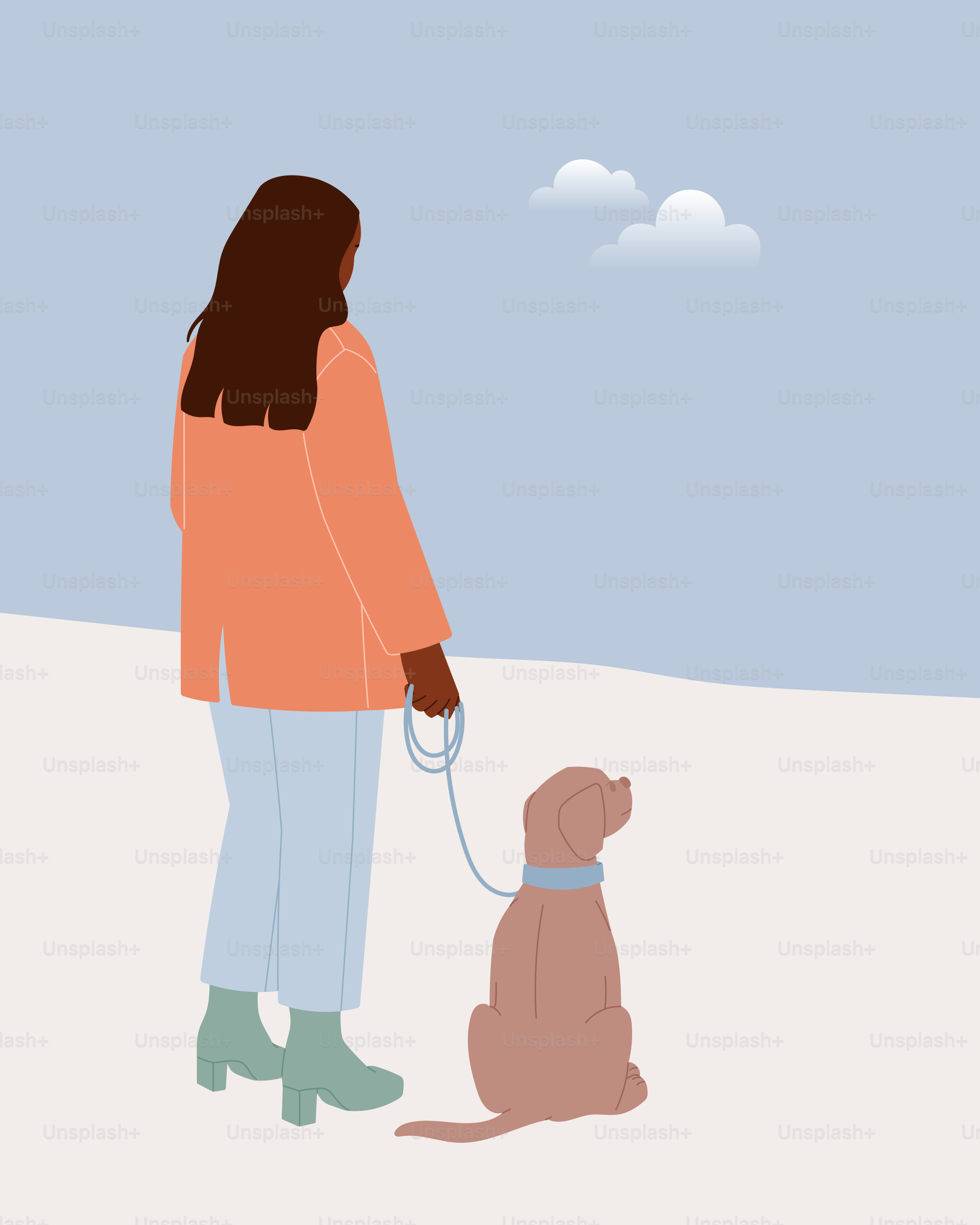 A woman is walking her dog in the snow