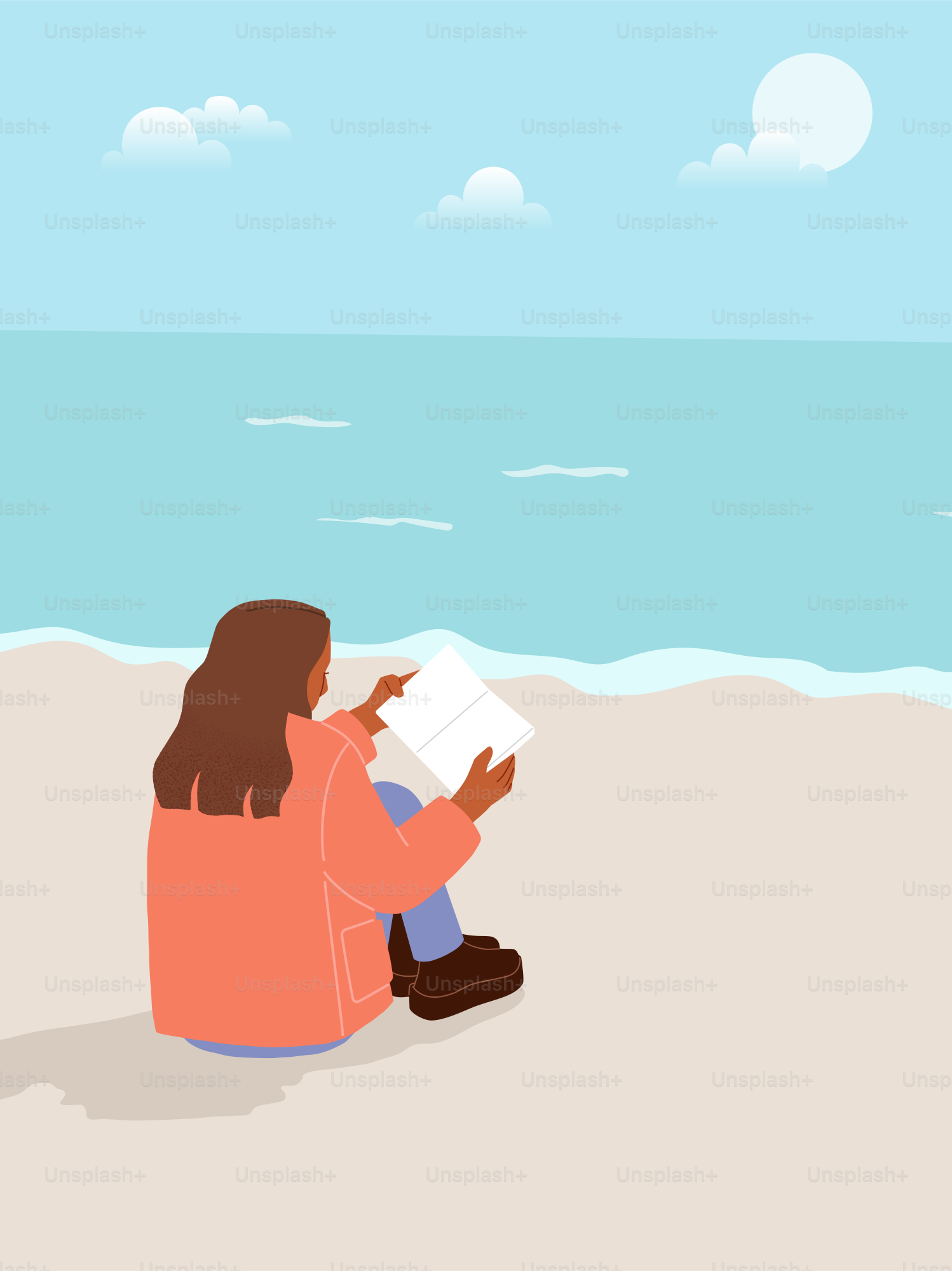 Eine Frau, die am Strand sitzt und ein Buch liest