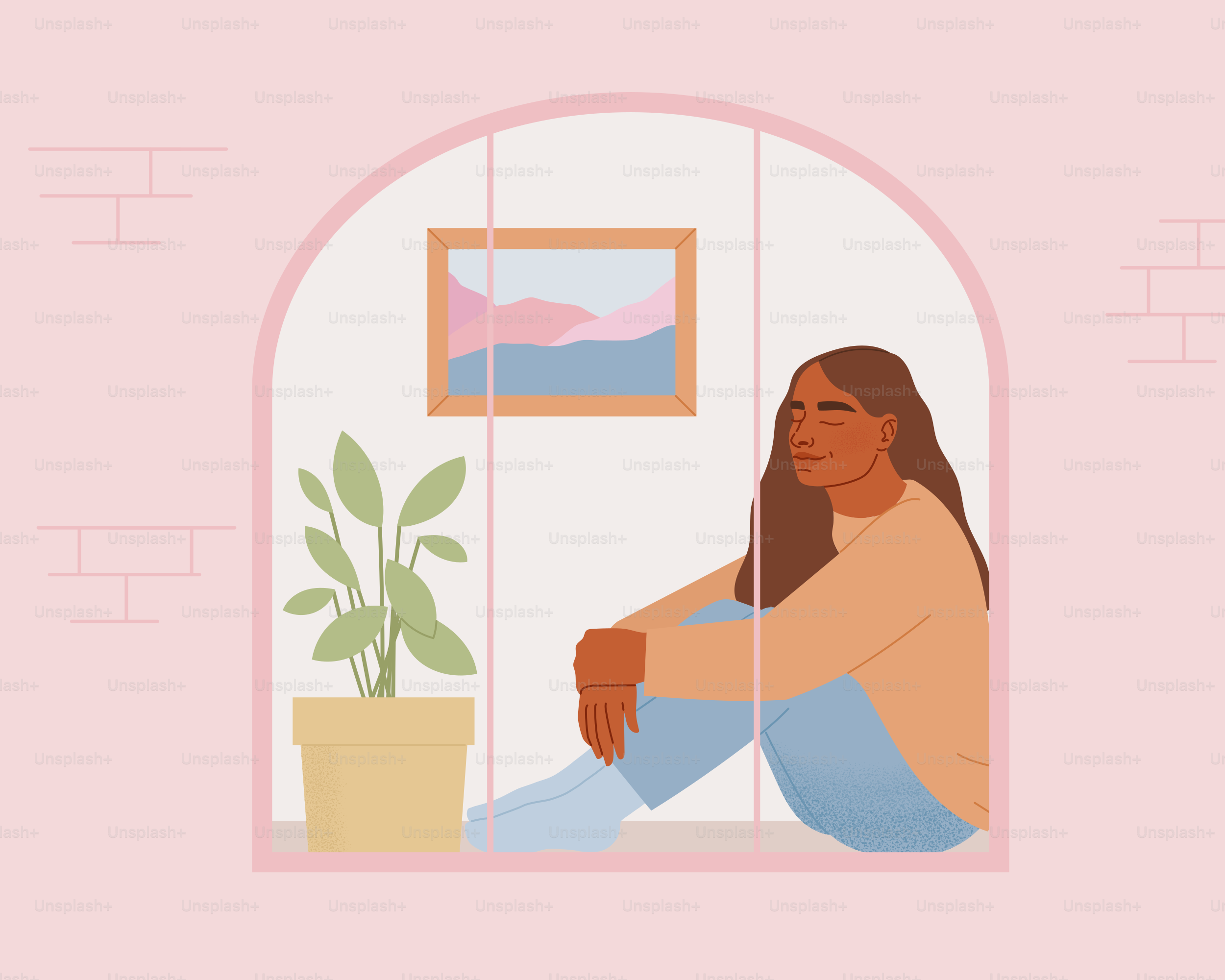 Eine Frau, die auf einer Fensterbank vor einer Topfpflanze sitzt