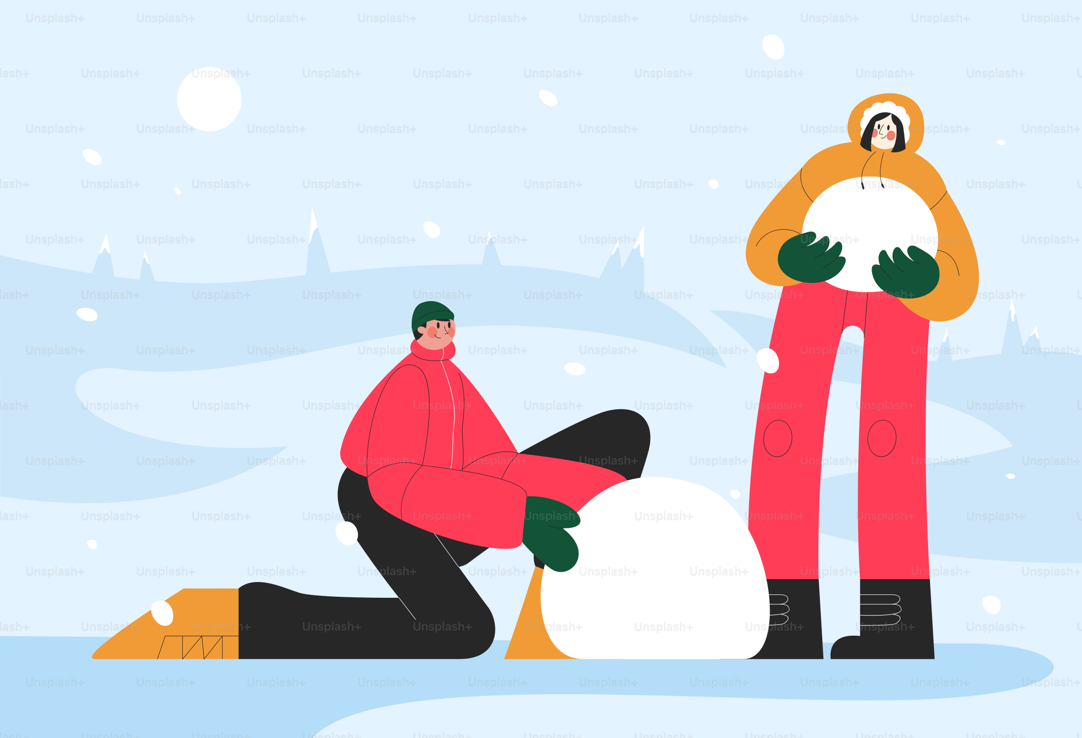 A man is building a snowman in the snow