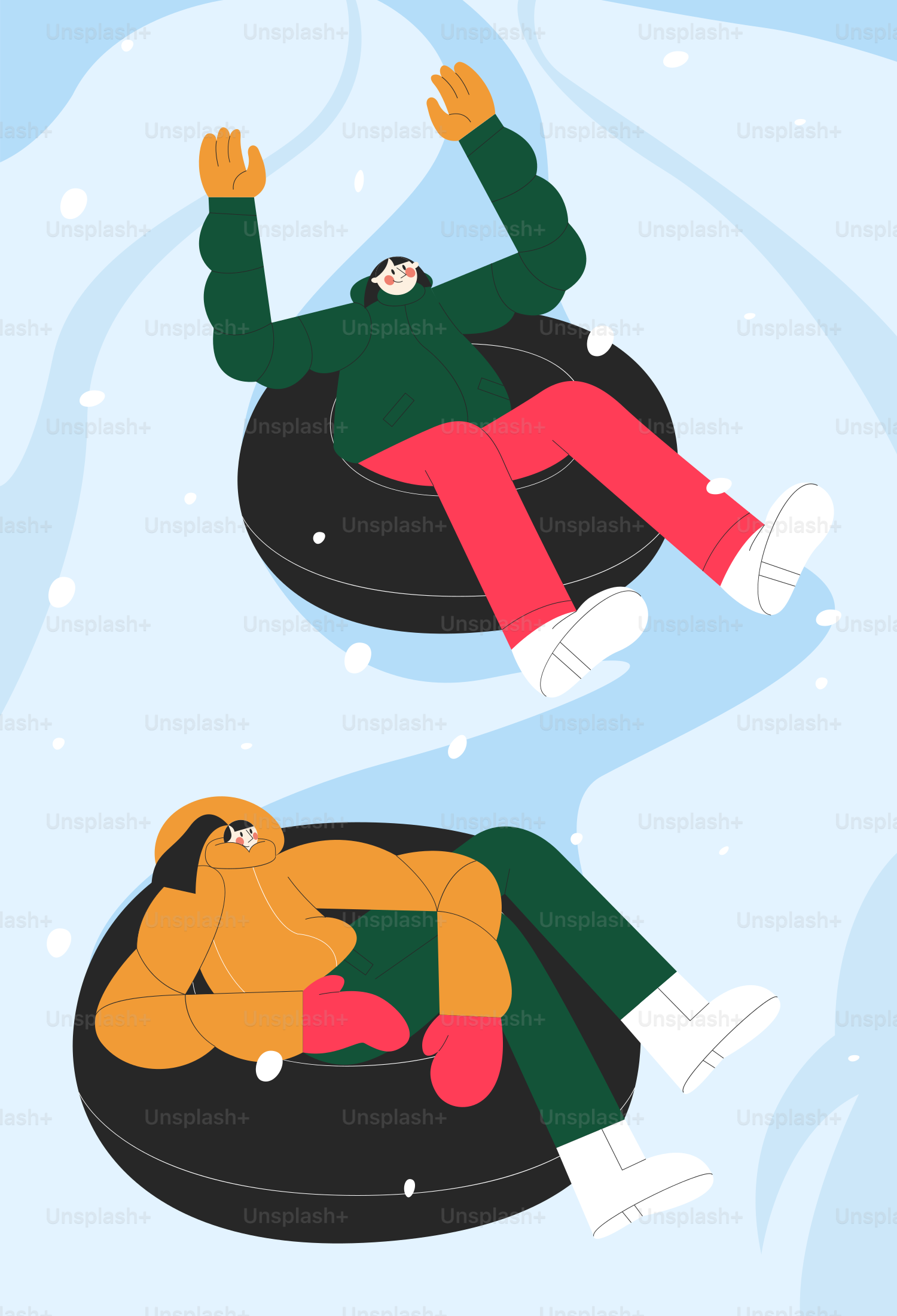 A man riding a tube down a snow covered slope