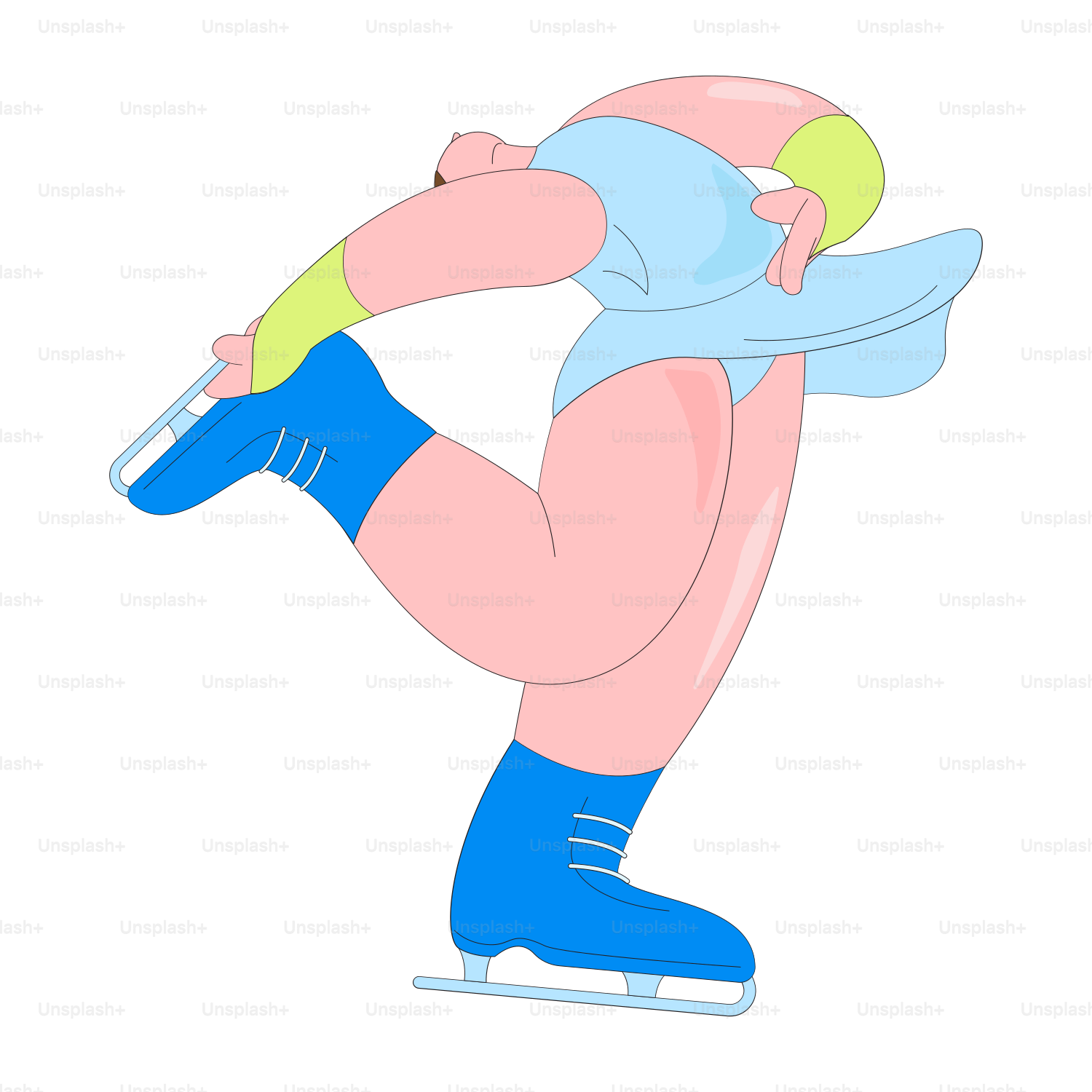 A man in blue and pink is doing a trick on a skateboard