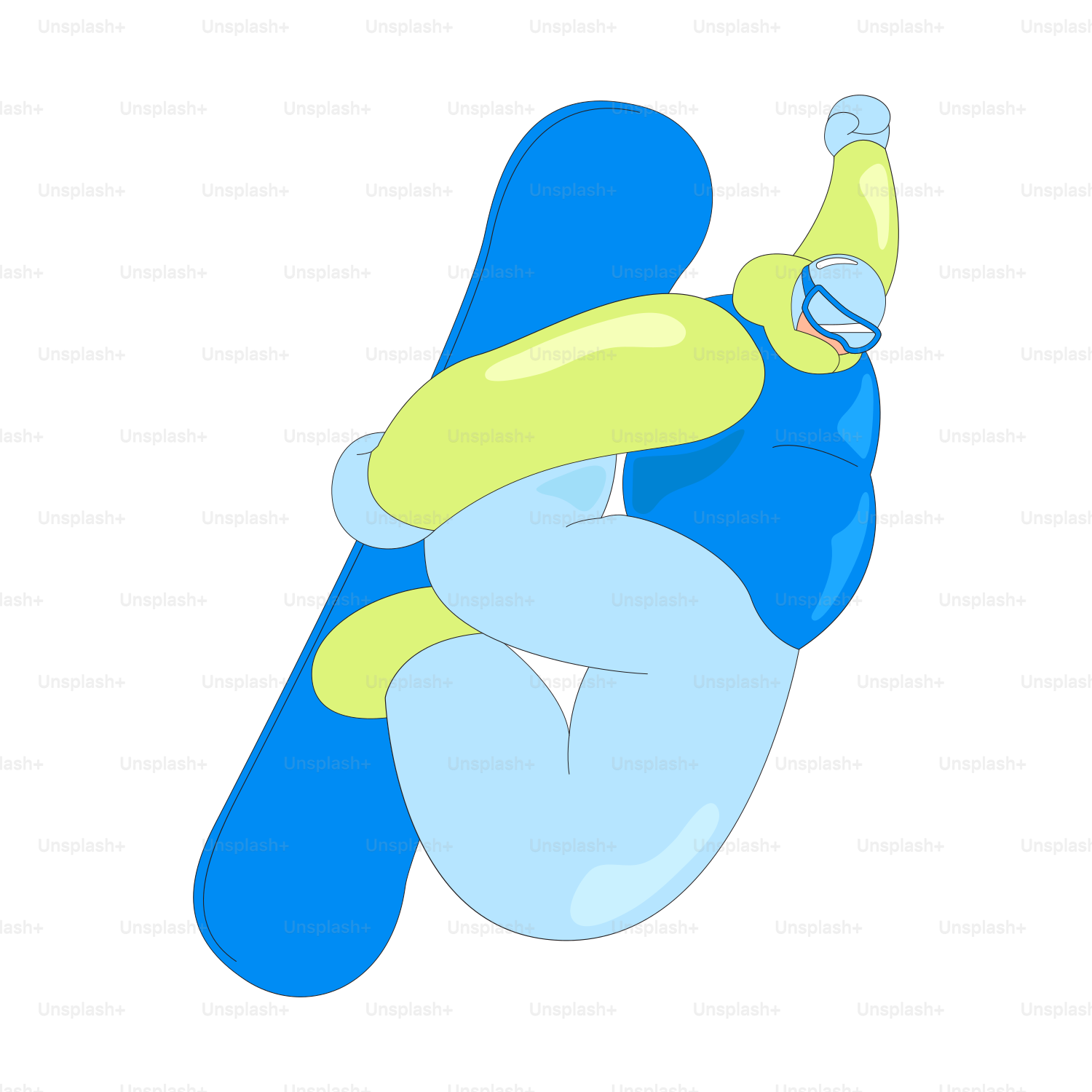 A snowboarder is flying through the air with his board