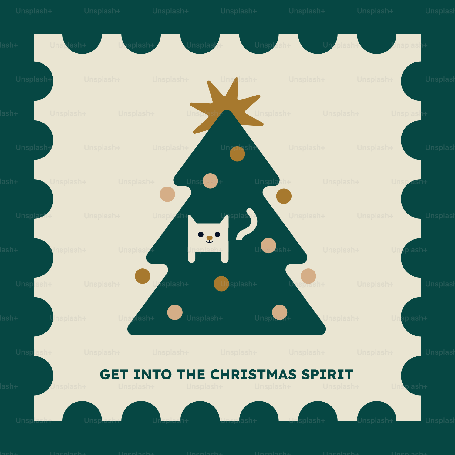 A stamp with a christmas tree and a cat on it
