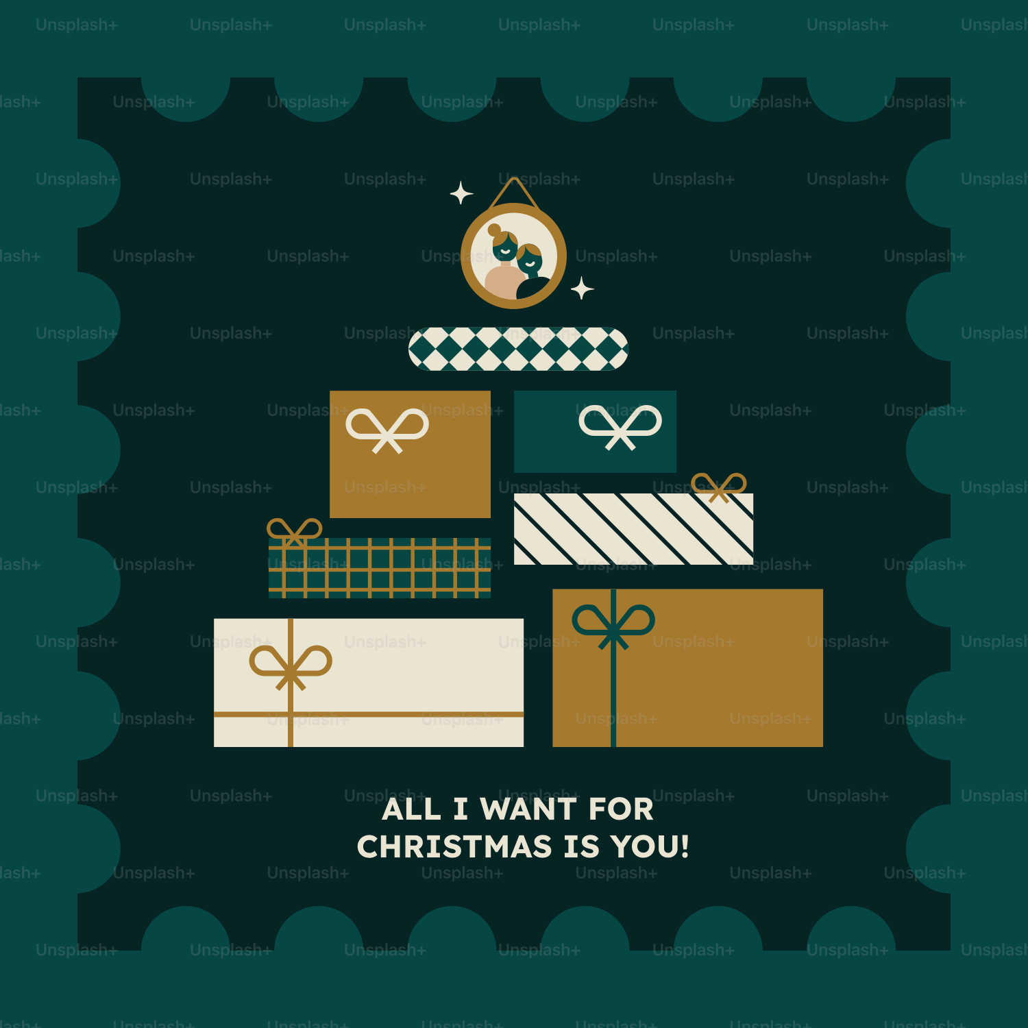 A postage stamp with presents on it