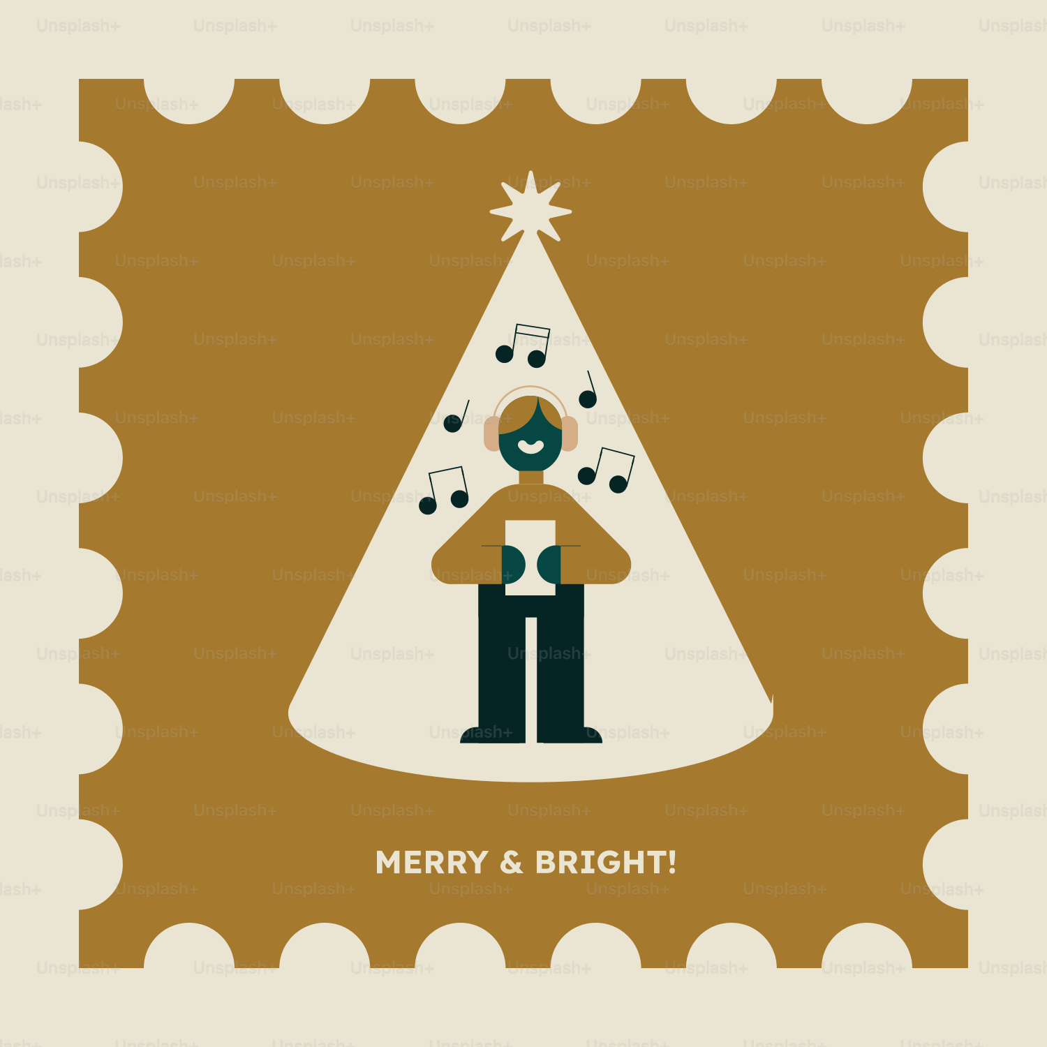 A stamp with a man and a christmas tree on it
