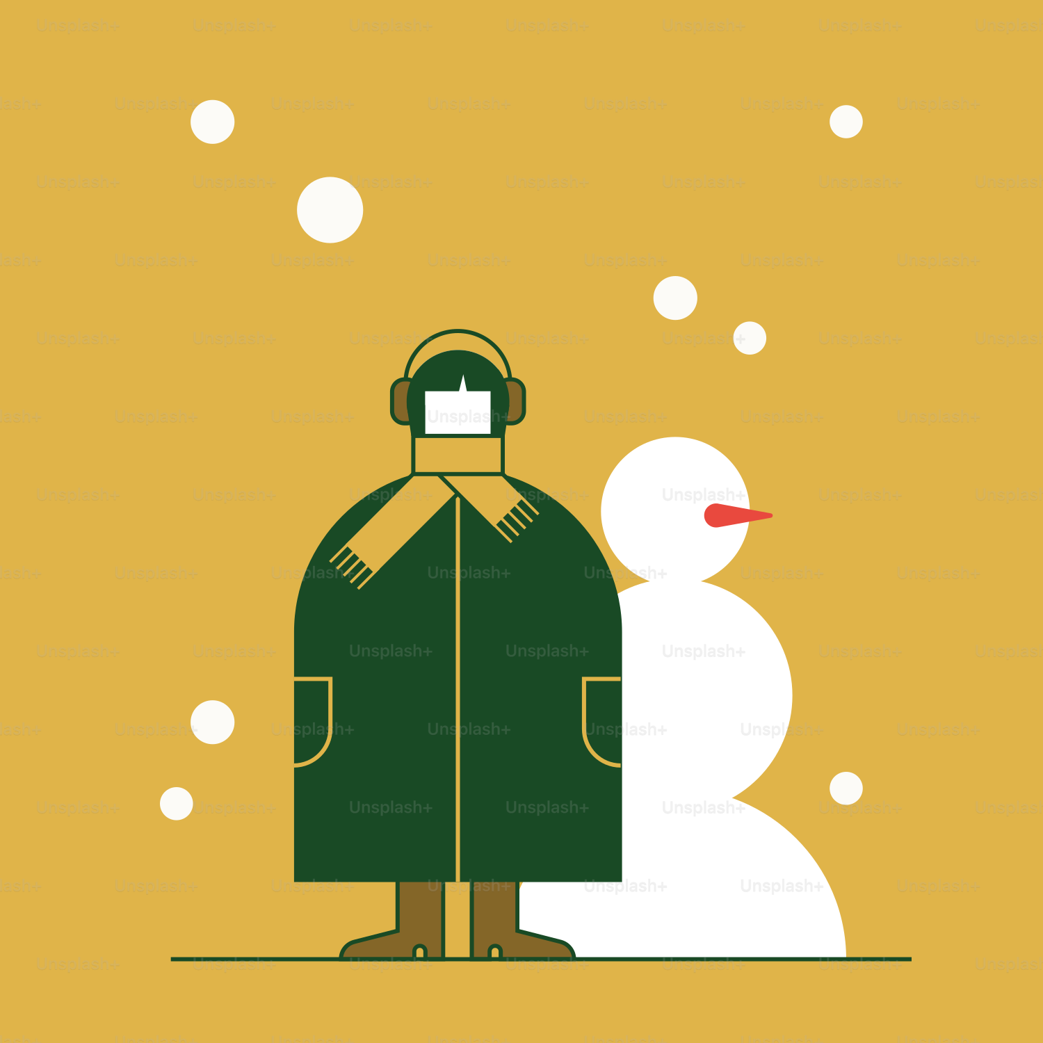 A snowman with a green coat and a yellow background