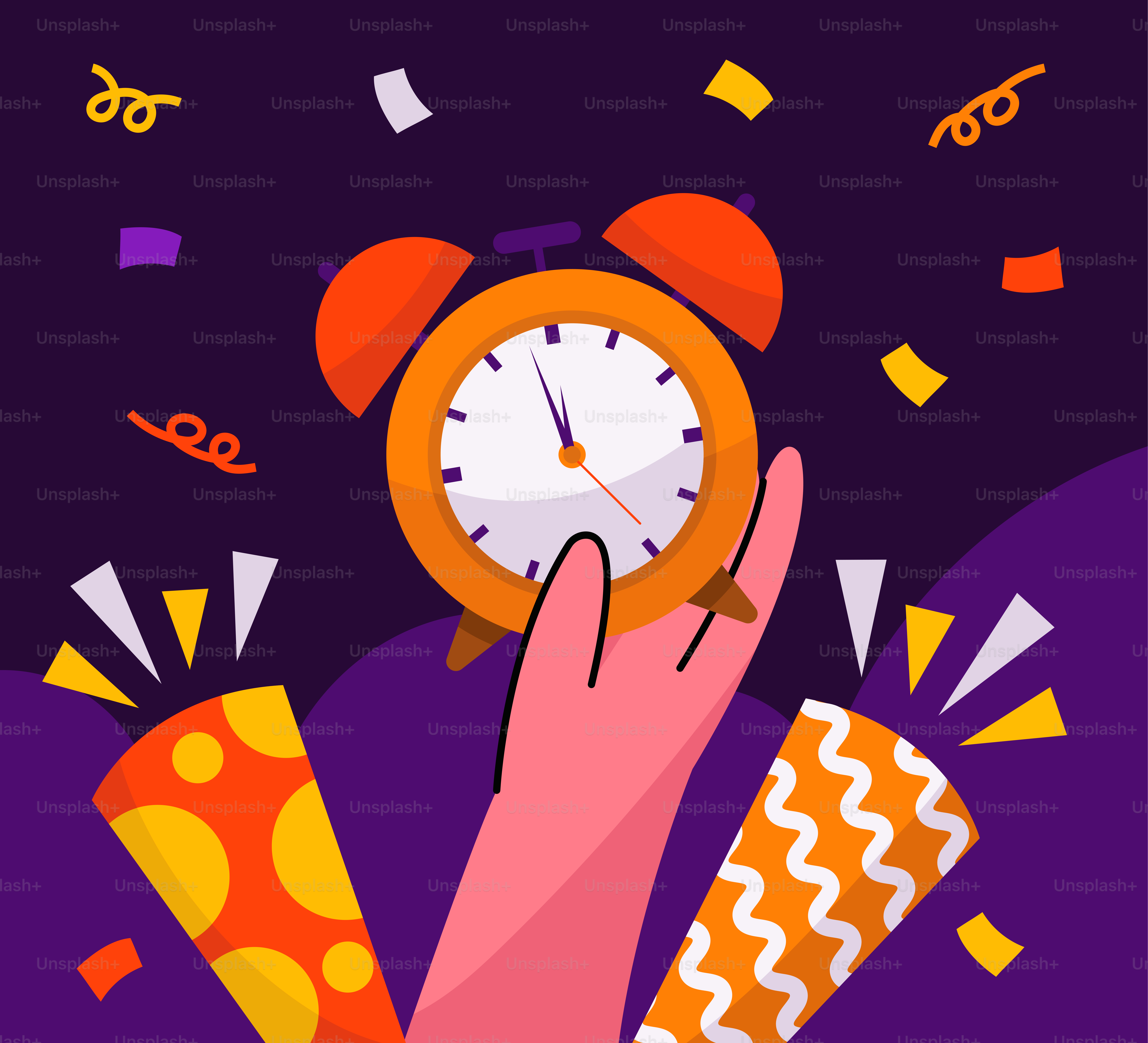 Eine Hand, die einen Wecker mit Konfetti darum hält