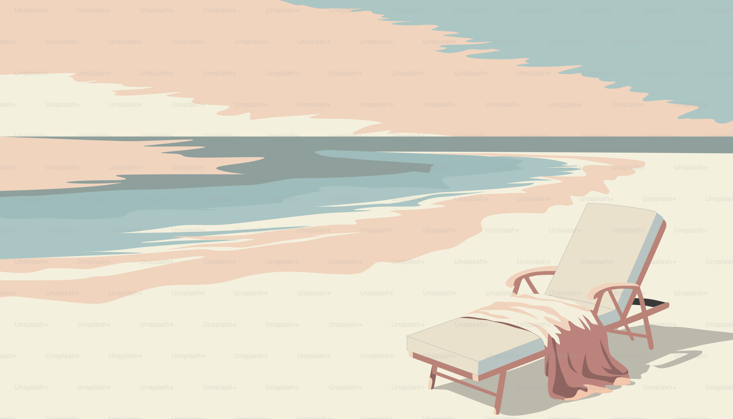 A beach scene with a chair and towel on the beach