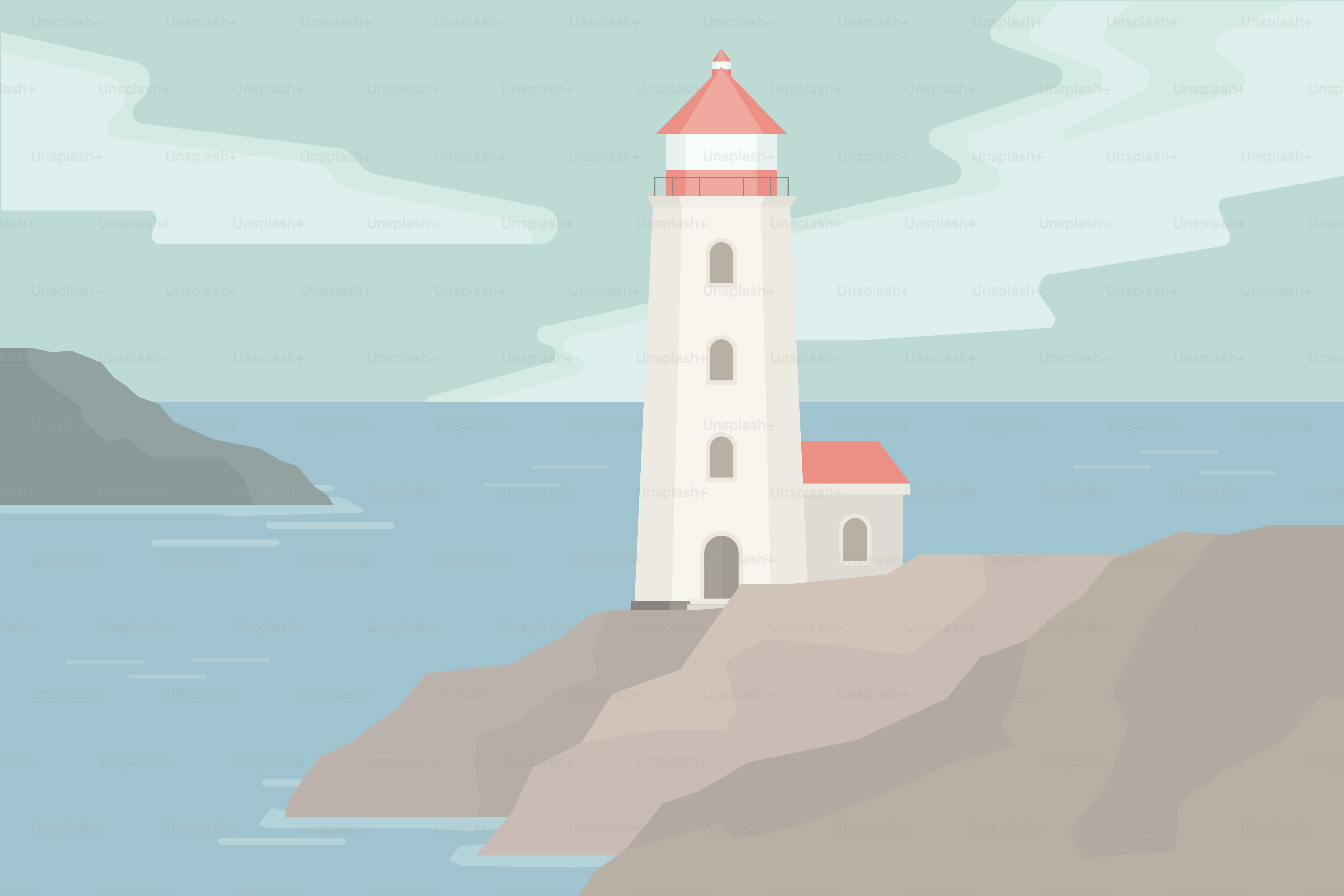 A picture of a lighthouse on a small island