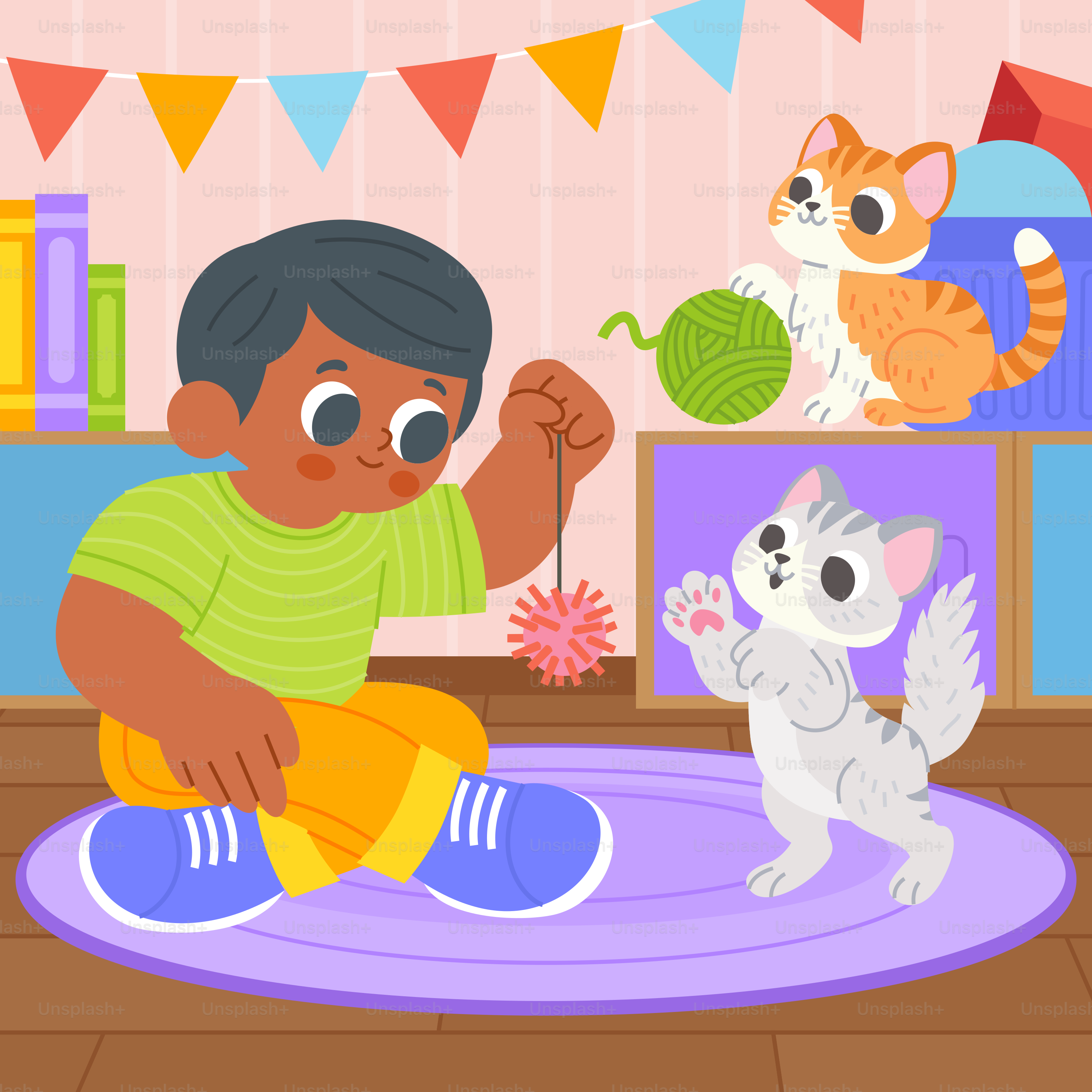 A little boy sitting on the floor playing with a cat