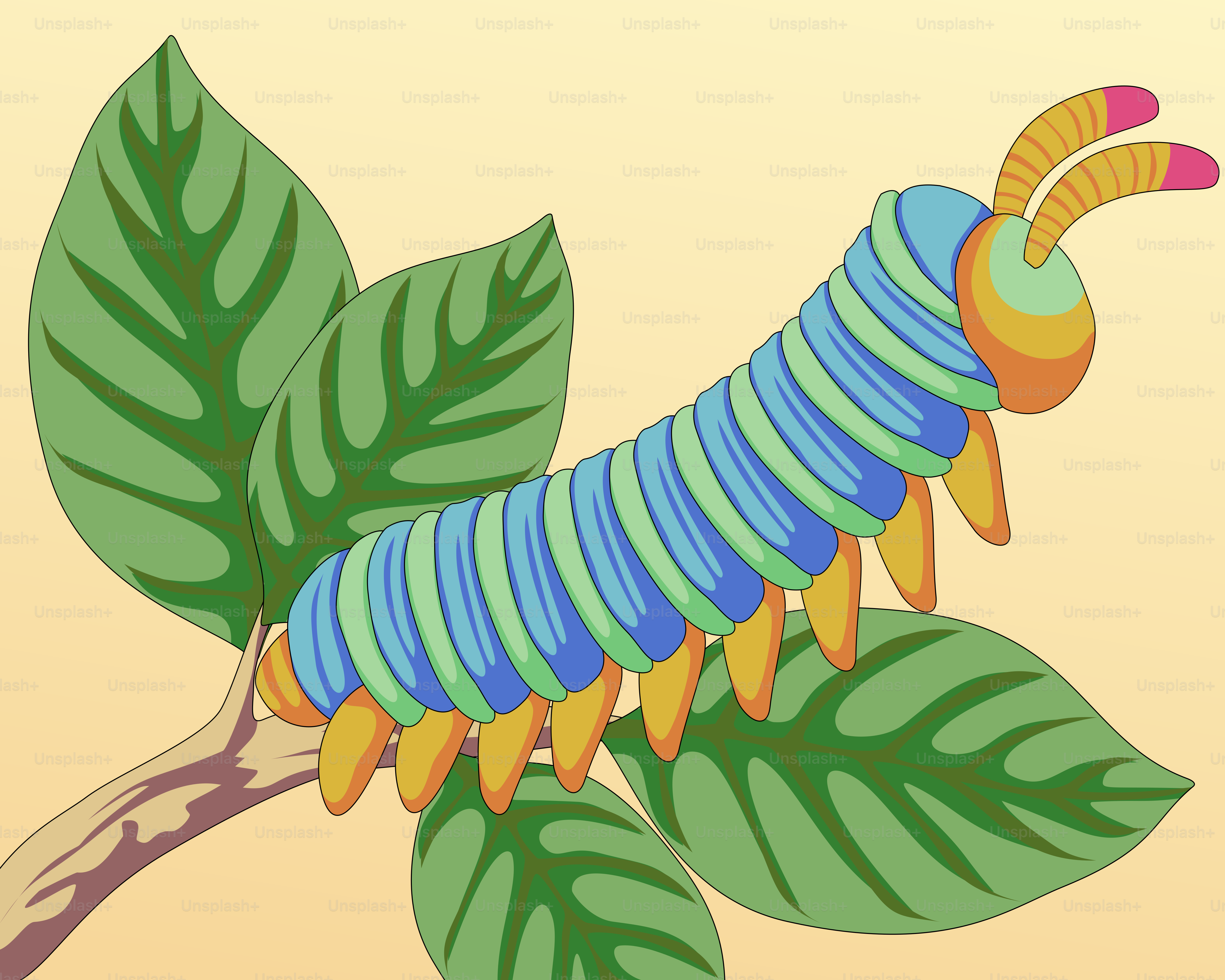 A colorful caterpillar sitting on top of a green leaf