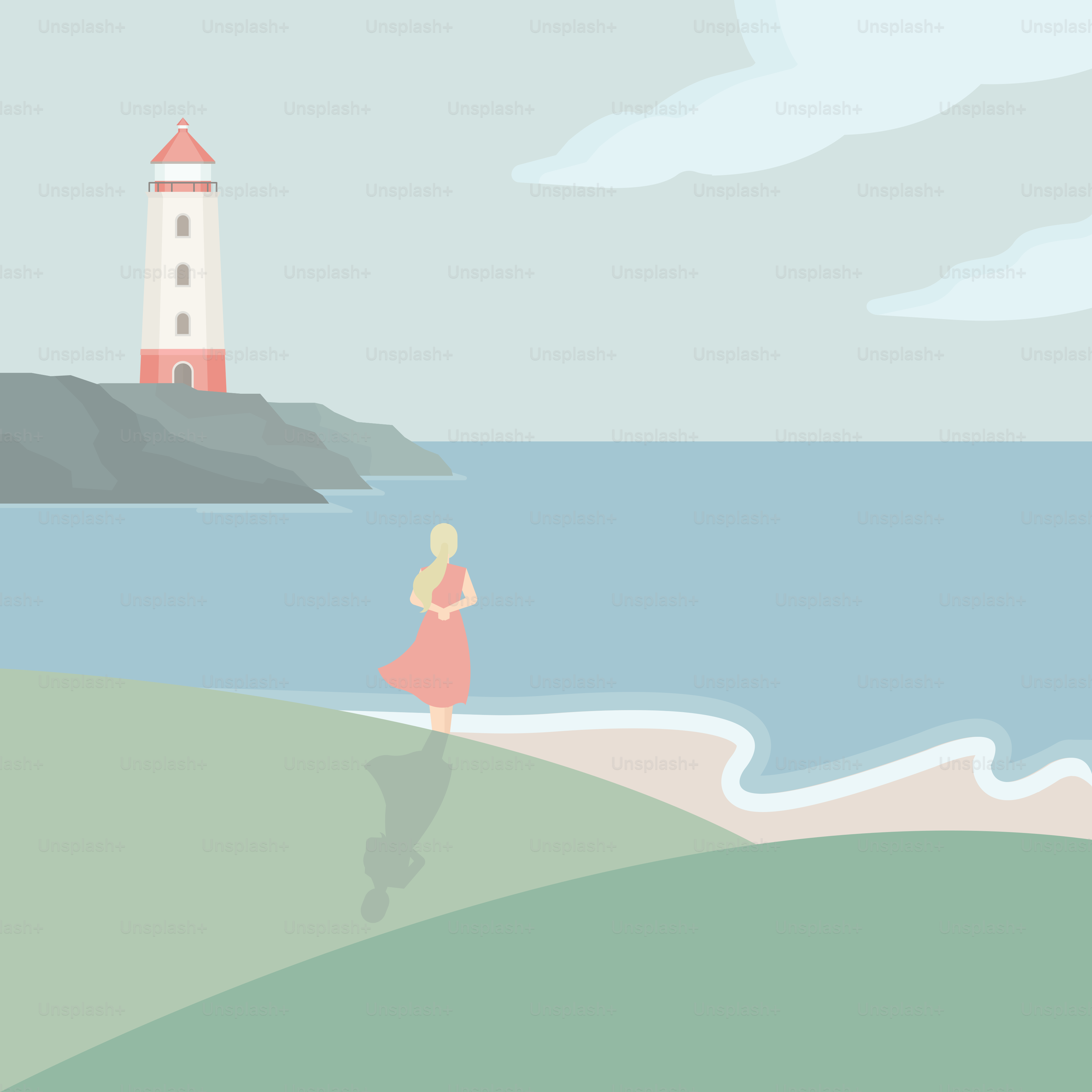A woman in a pink dress standing in front of a lighthouse