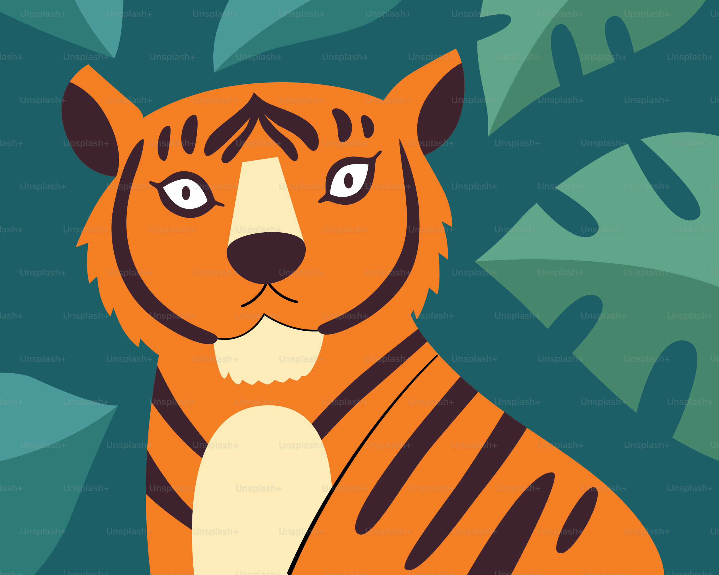 A picture of a tiger sitting in front of some leaves