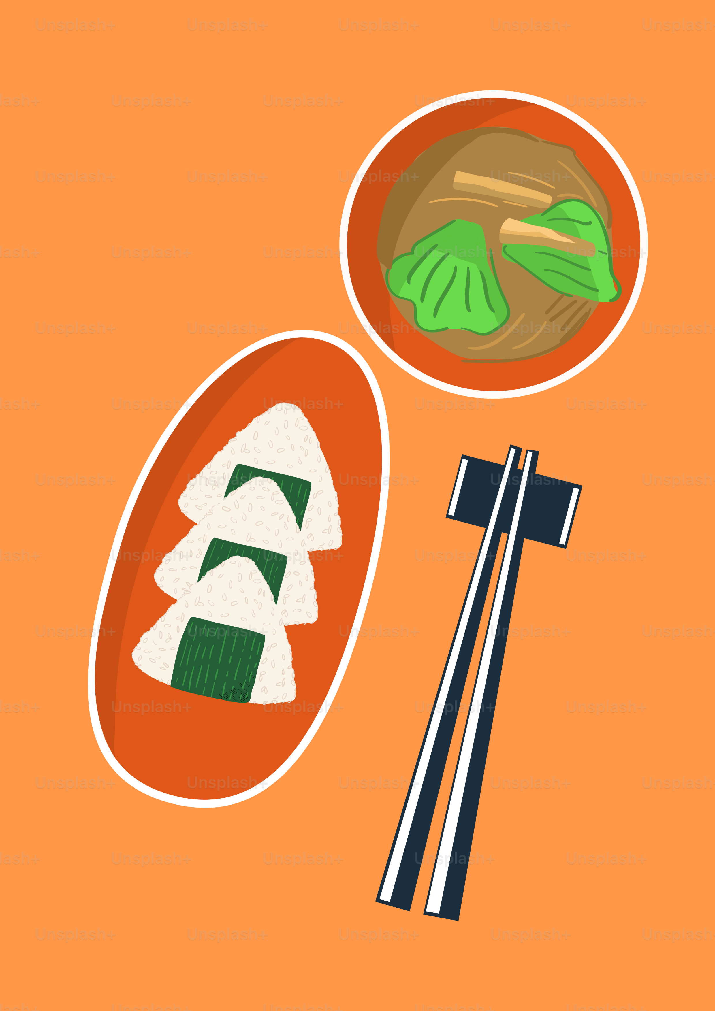 An orange background with chopsticks and a bowl of soup