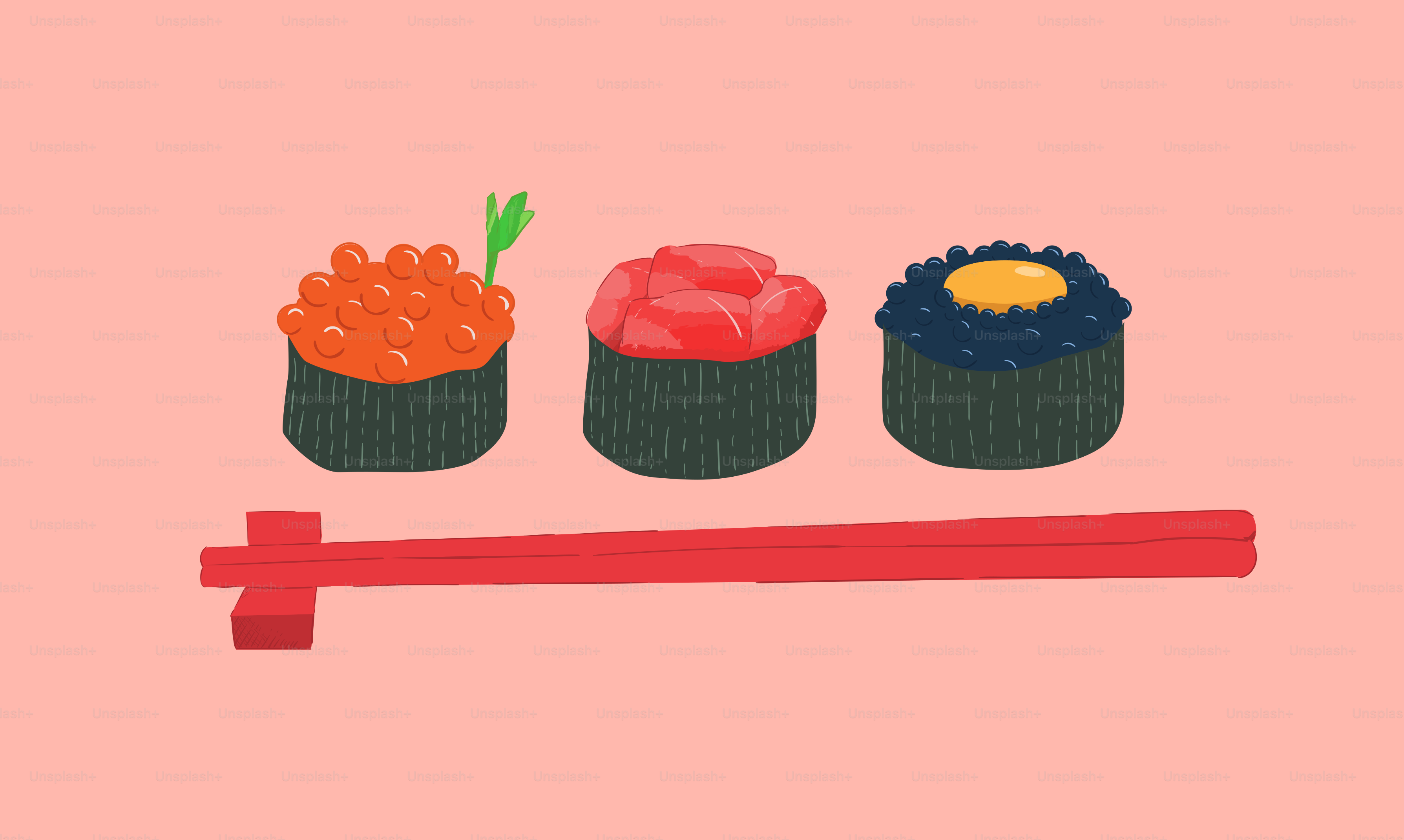 A pink background with sushi and chopsticks