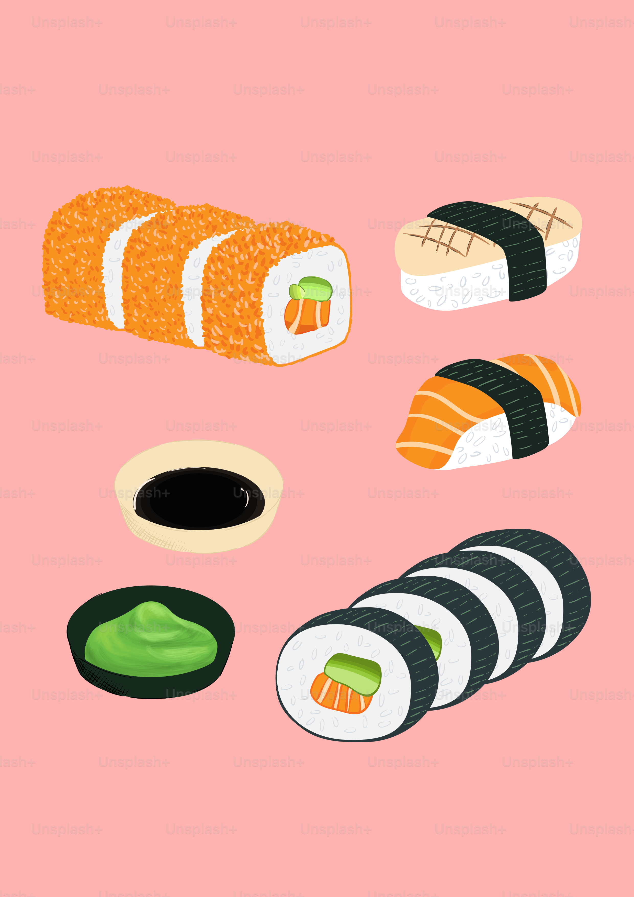 A pink background with sushi on it