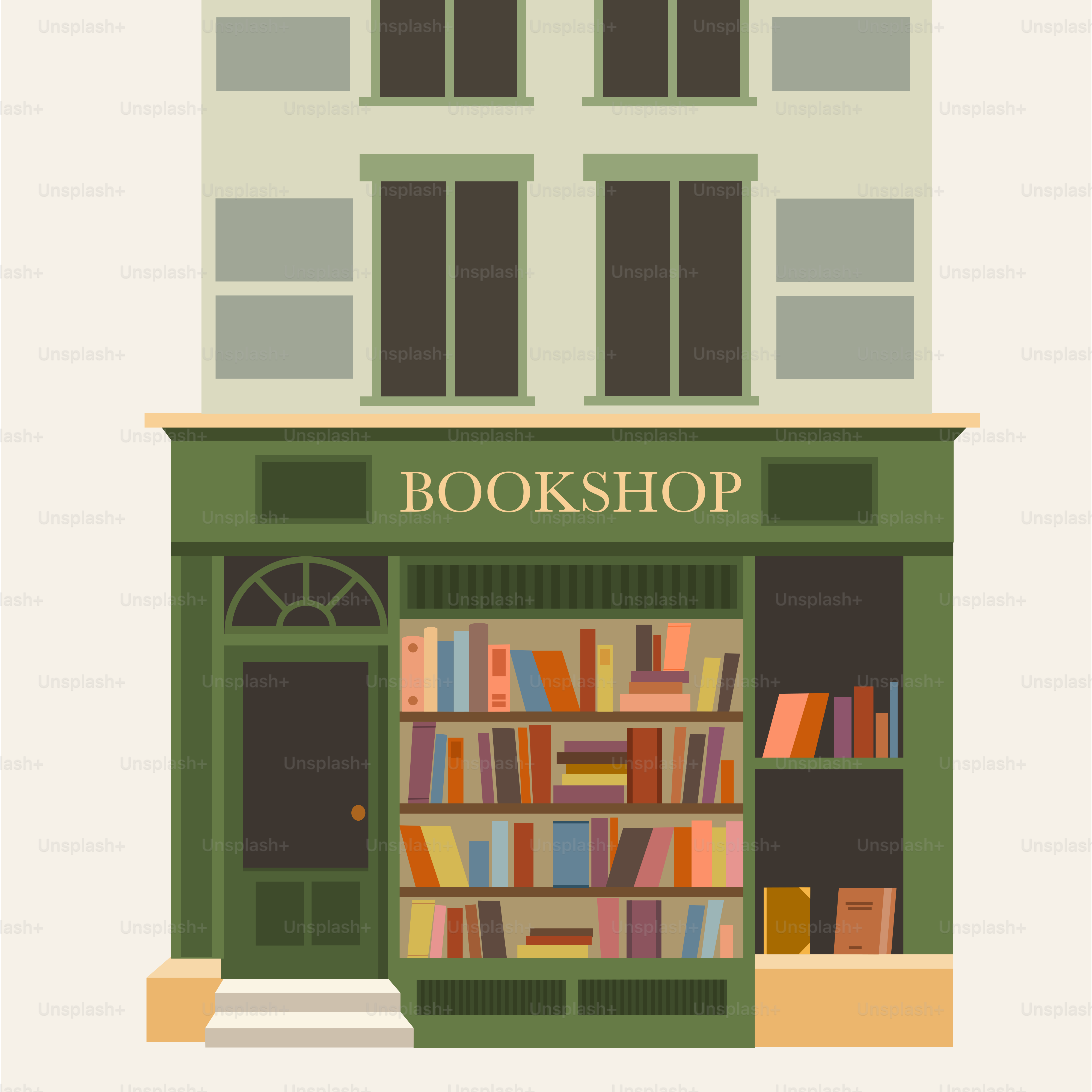 Una libreria con facciata verde e scaffali