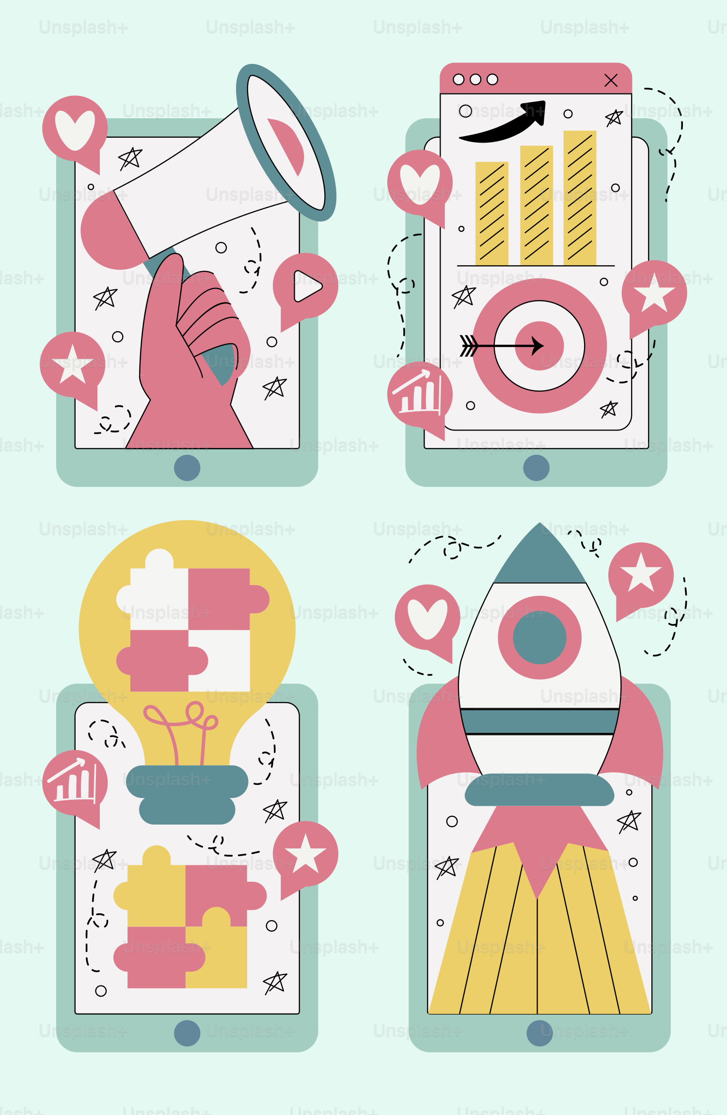 A set of four illustrations of a rocket ship, a rocket ship, and a