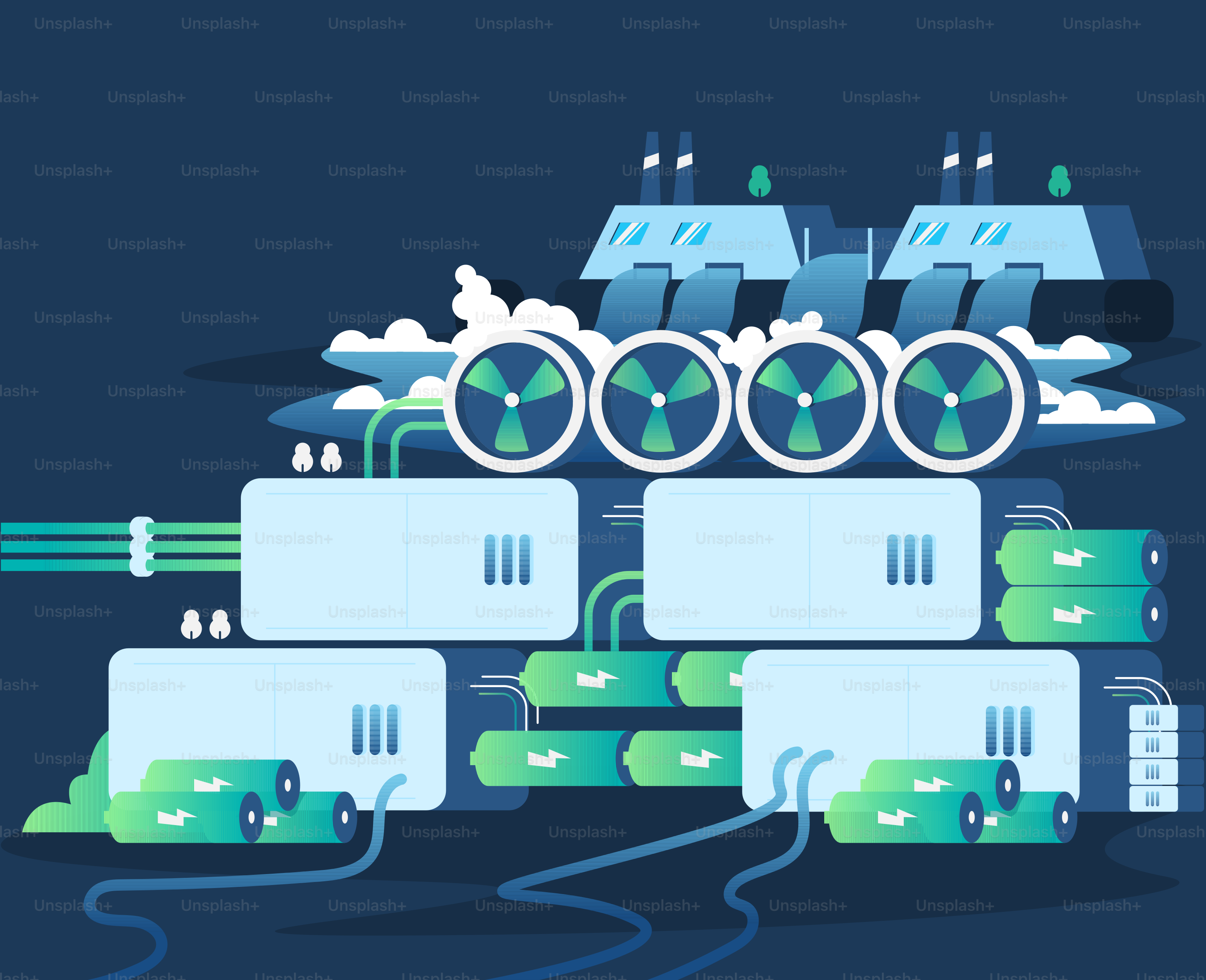 Un tas d’objets verts et blancs sur un fond bleu