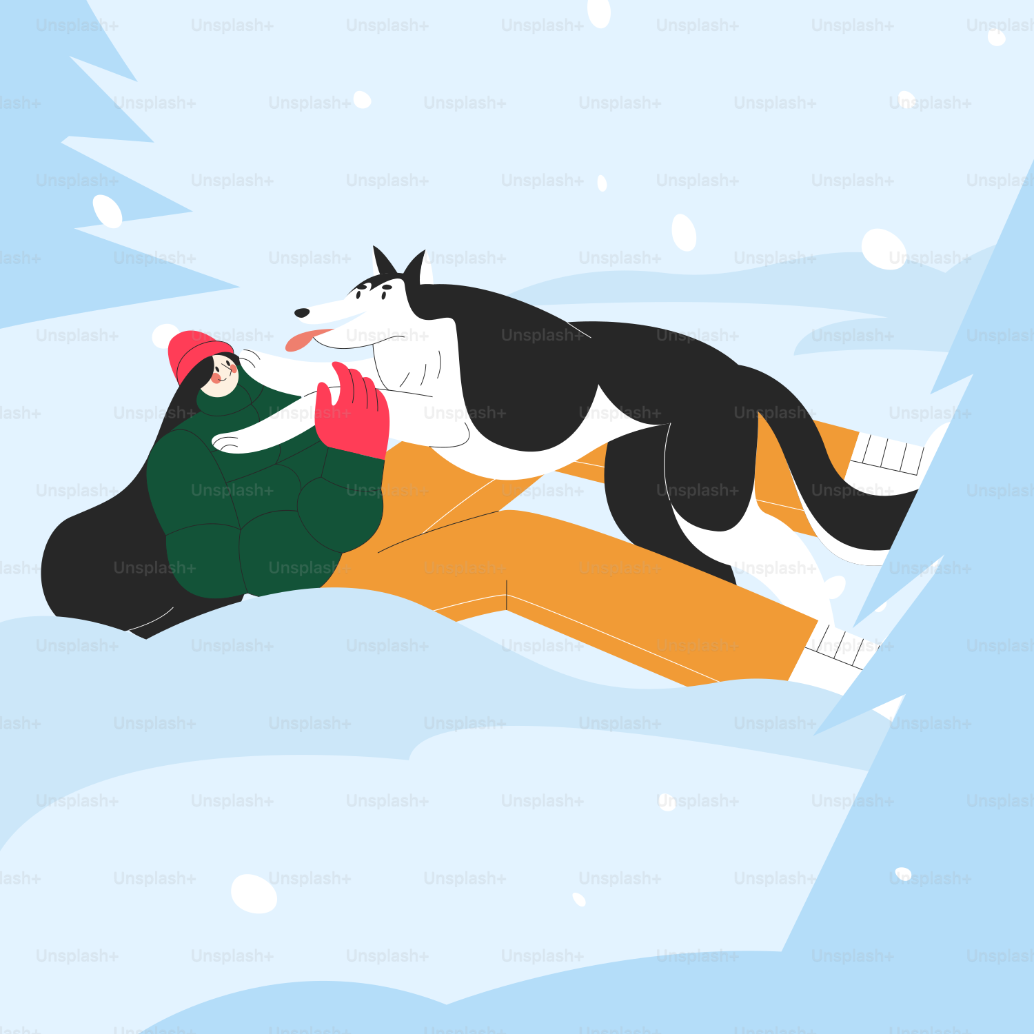 A black and white cat laying on top of a snowboard