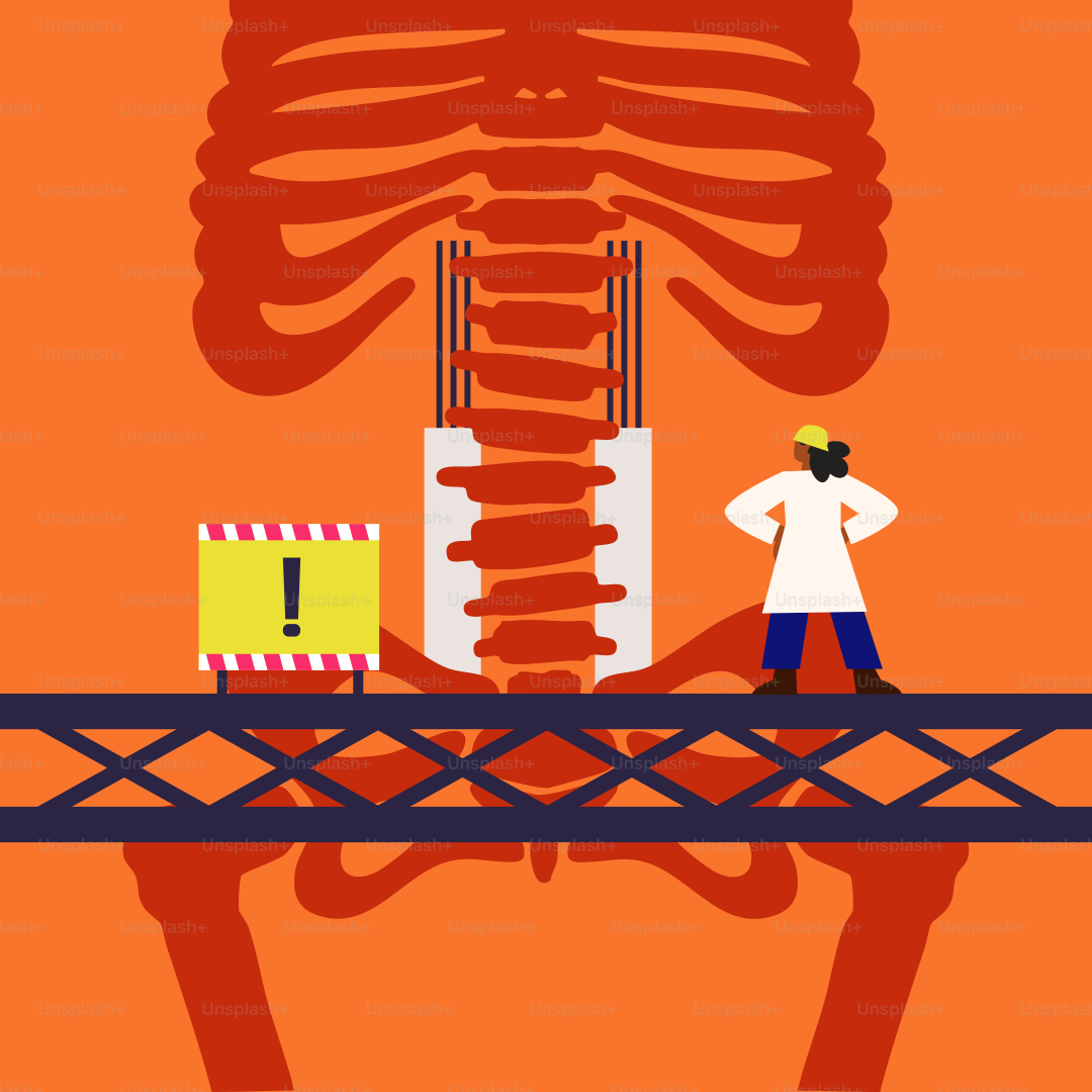 A man standing on a bridge next to a skeleton