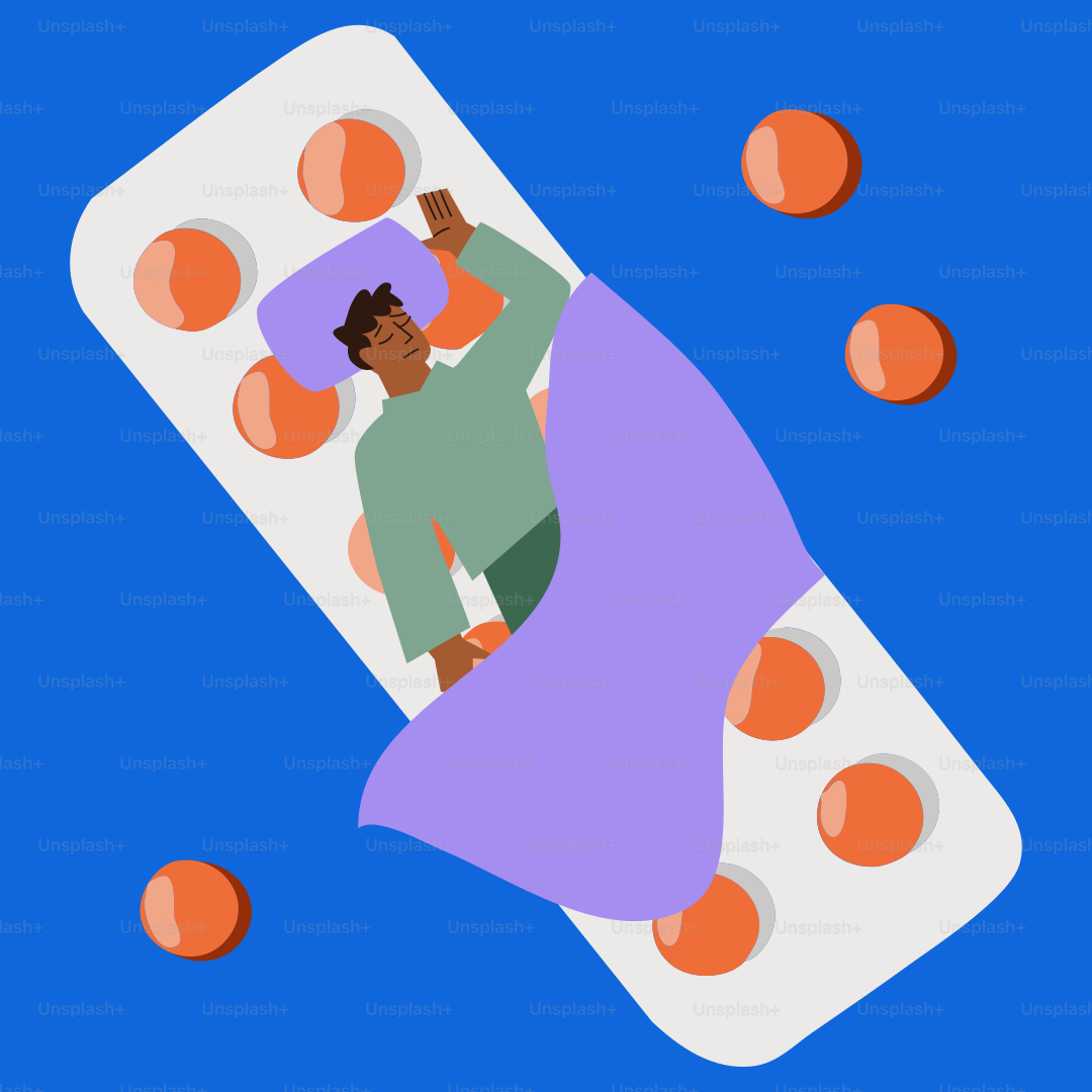 Um homem deitado em uma cama cercada por pílulas