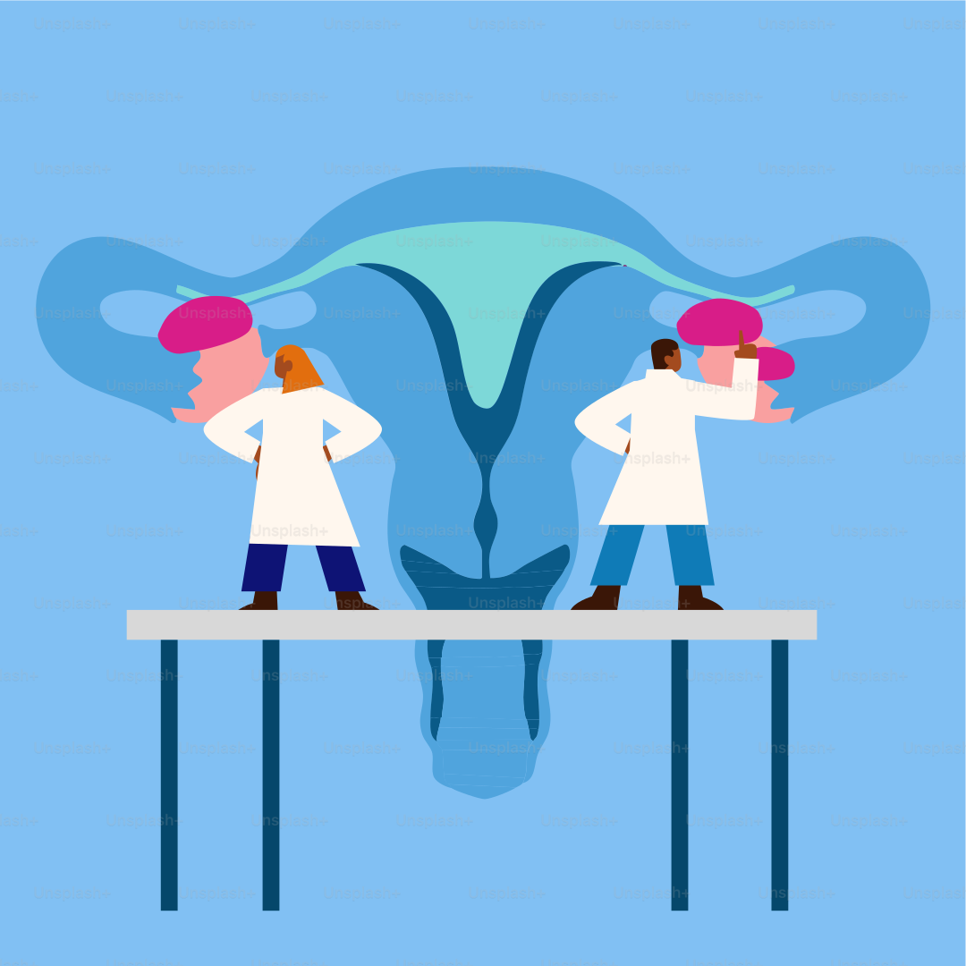 A couple of people standing on top of a table