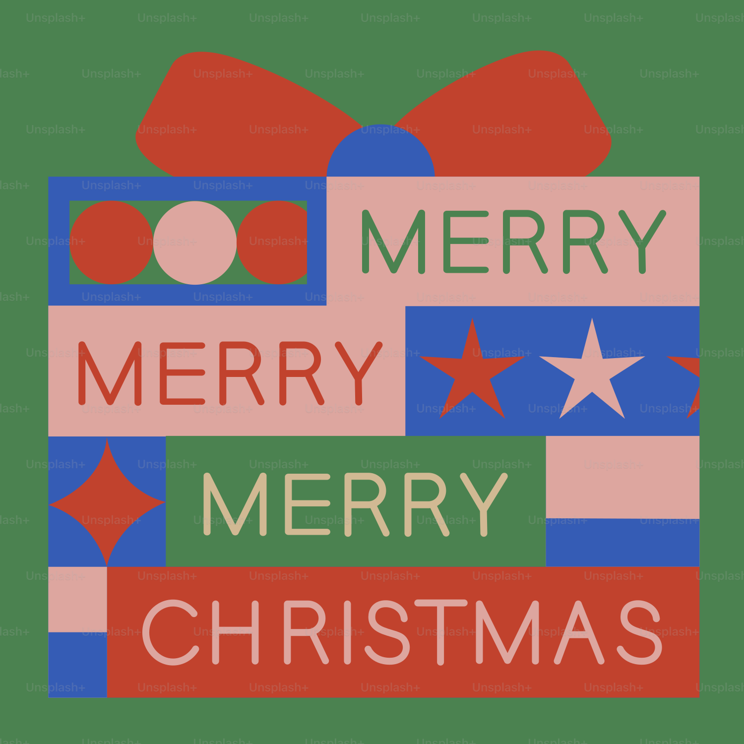 Um cartão de Natal com um presente vermelho, branco e azul