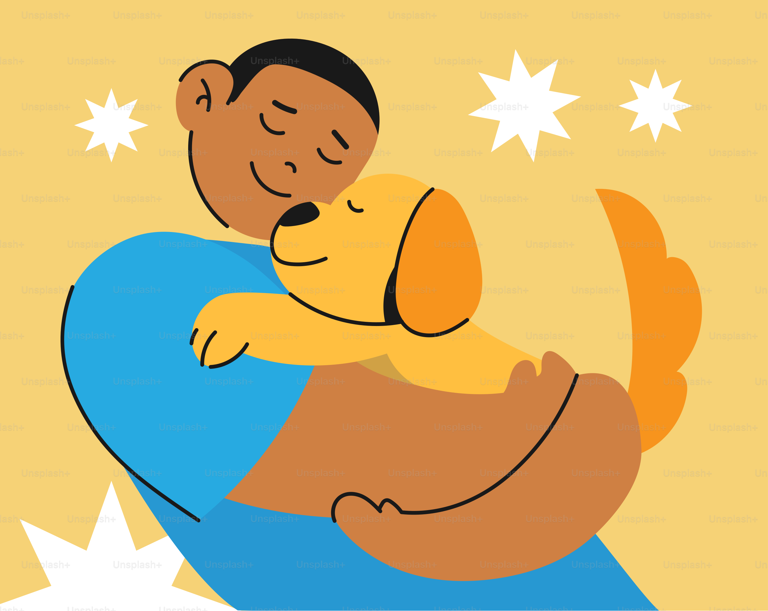 A boy is hugging a dog on a pillow