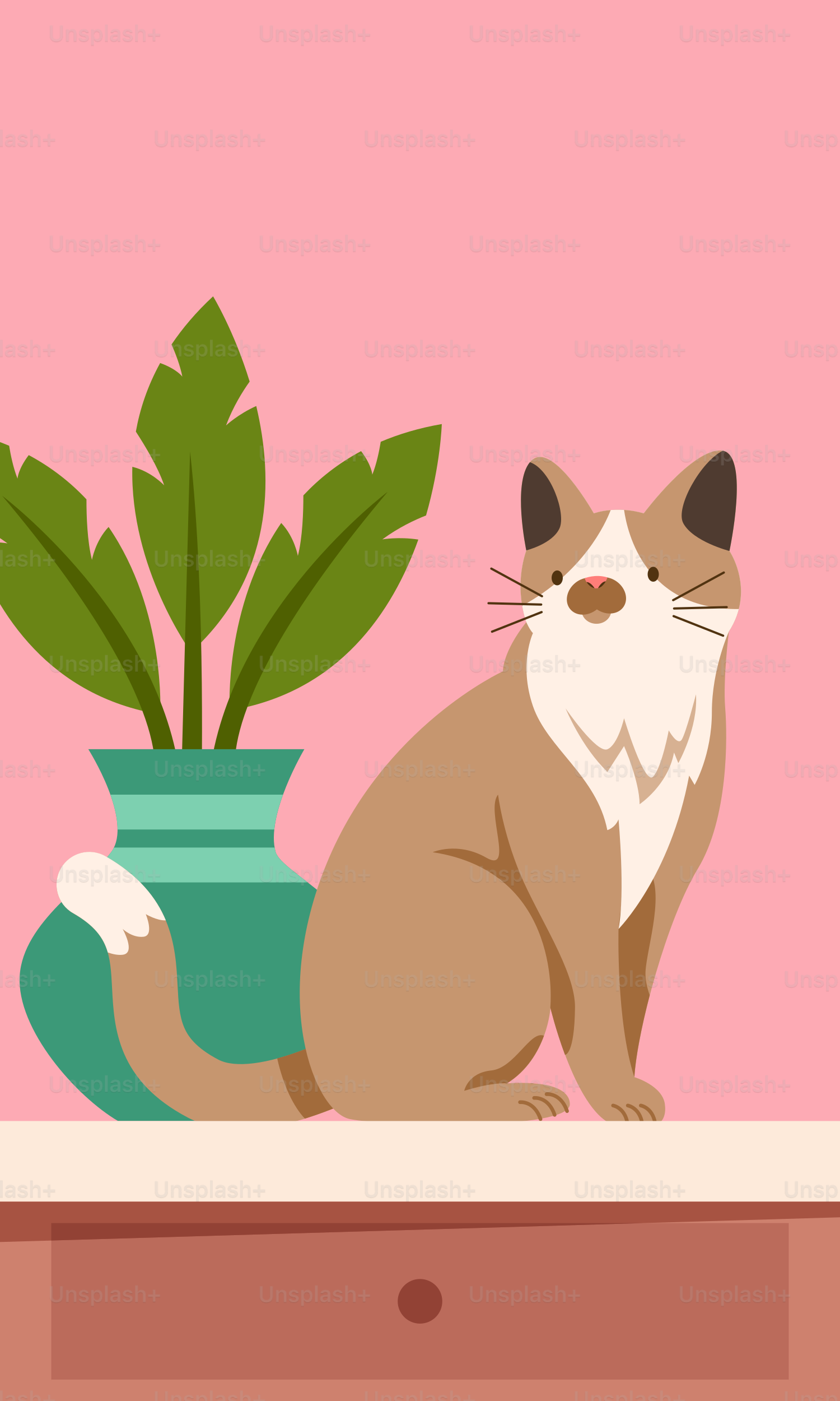 A cat sitting on a table next to a potted plant