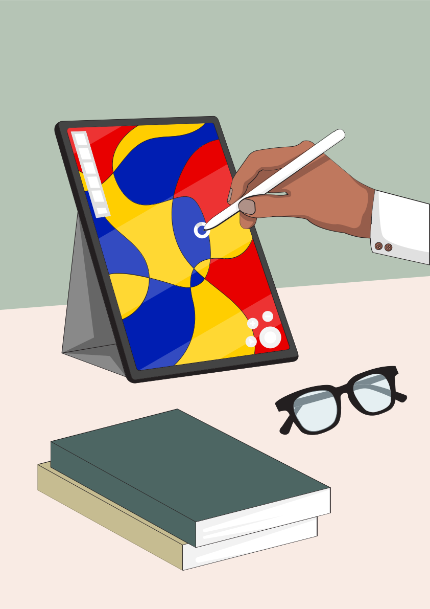 A person holding a pen and drawing on a tablet