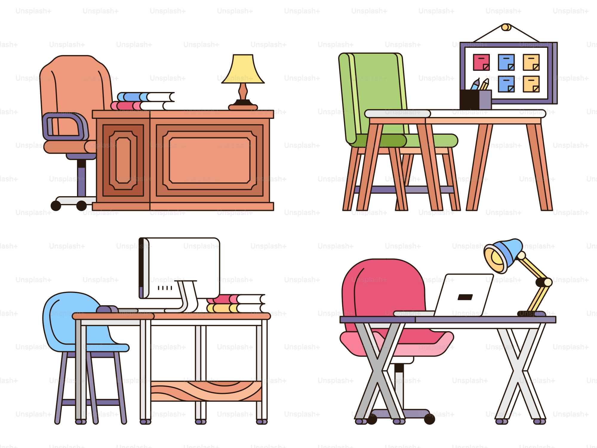 A picture of a desk with chairs and a lamp