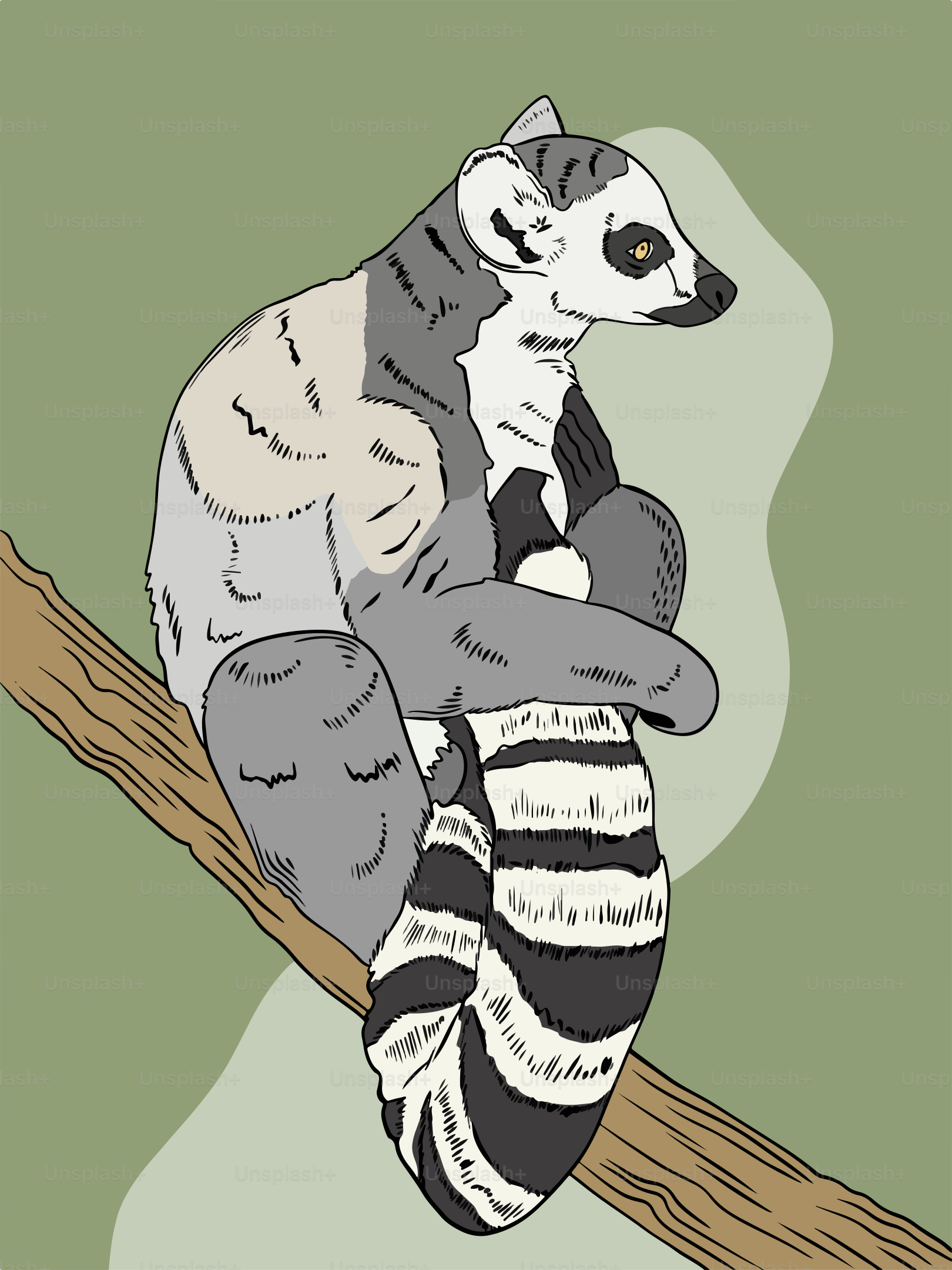 A drawing of a lemura sitting on a tree branch
