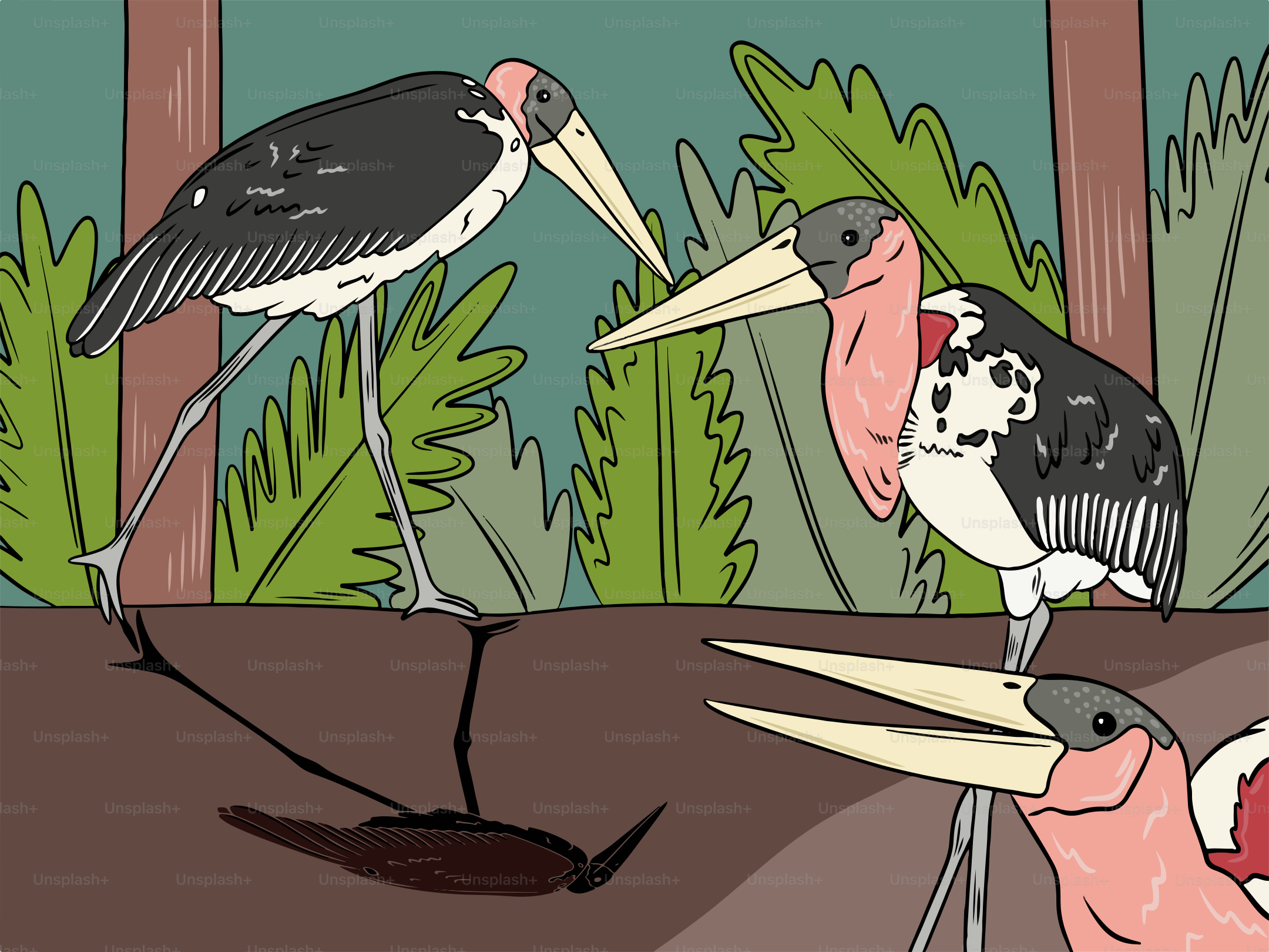 A couple of birds that are standing in the dirt