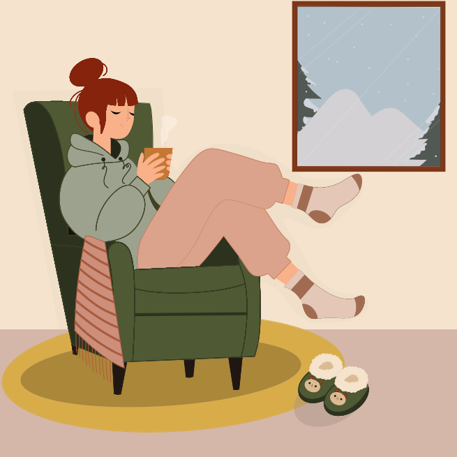 A woman sitting in a chair with a cup of coffee