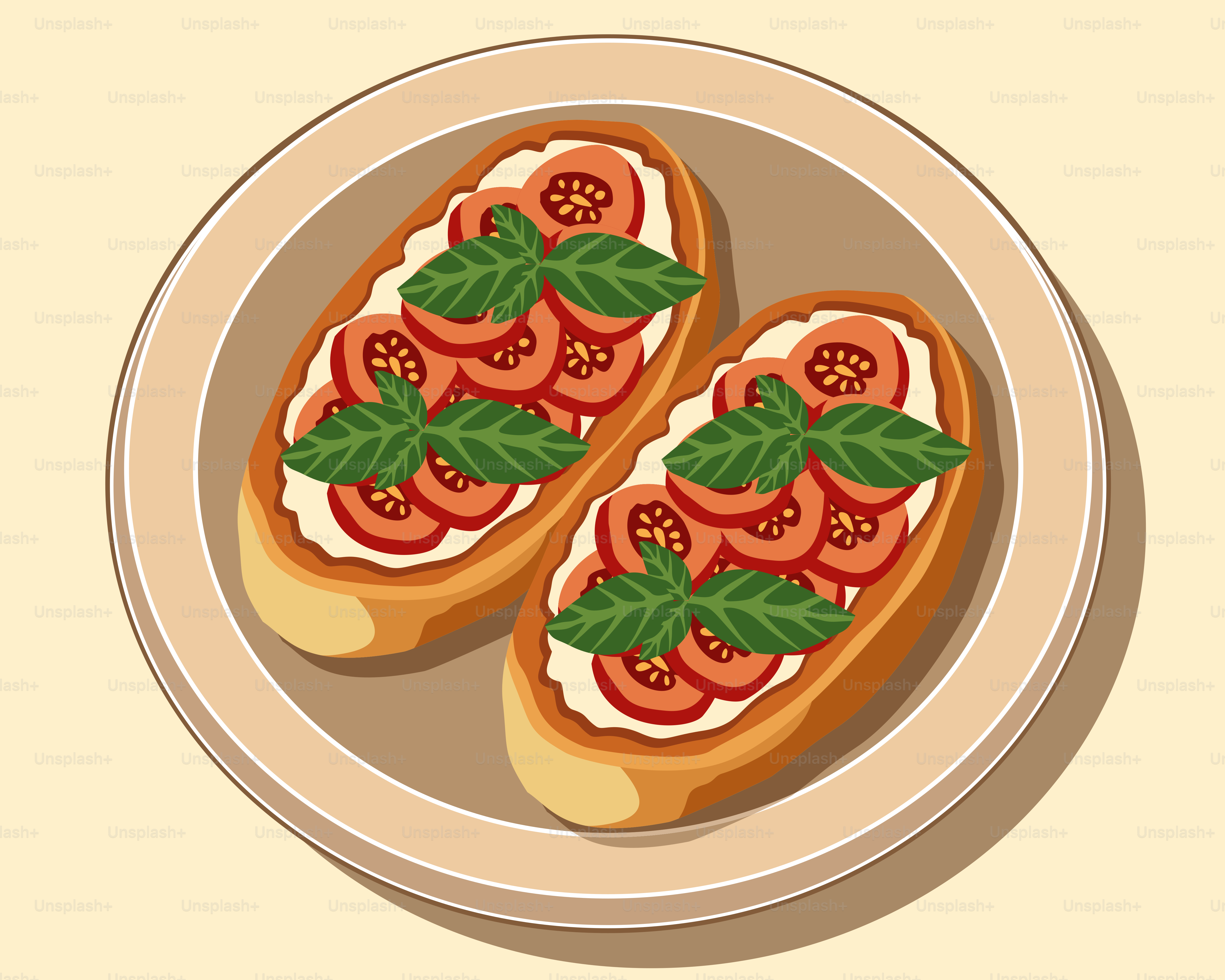 A plate with two slices of bread topped with tomatoes and basil
