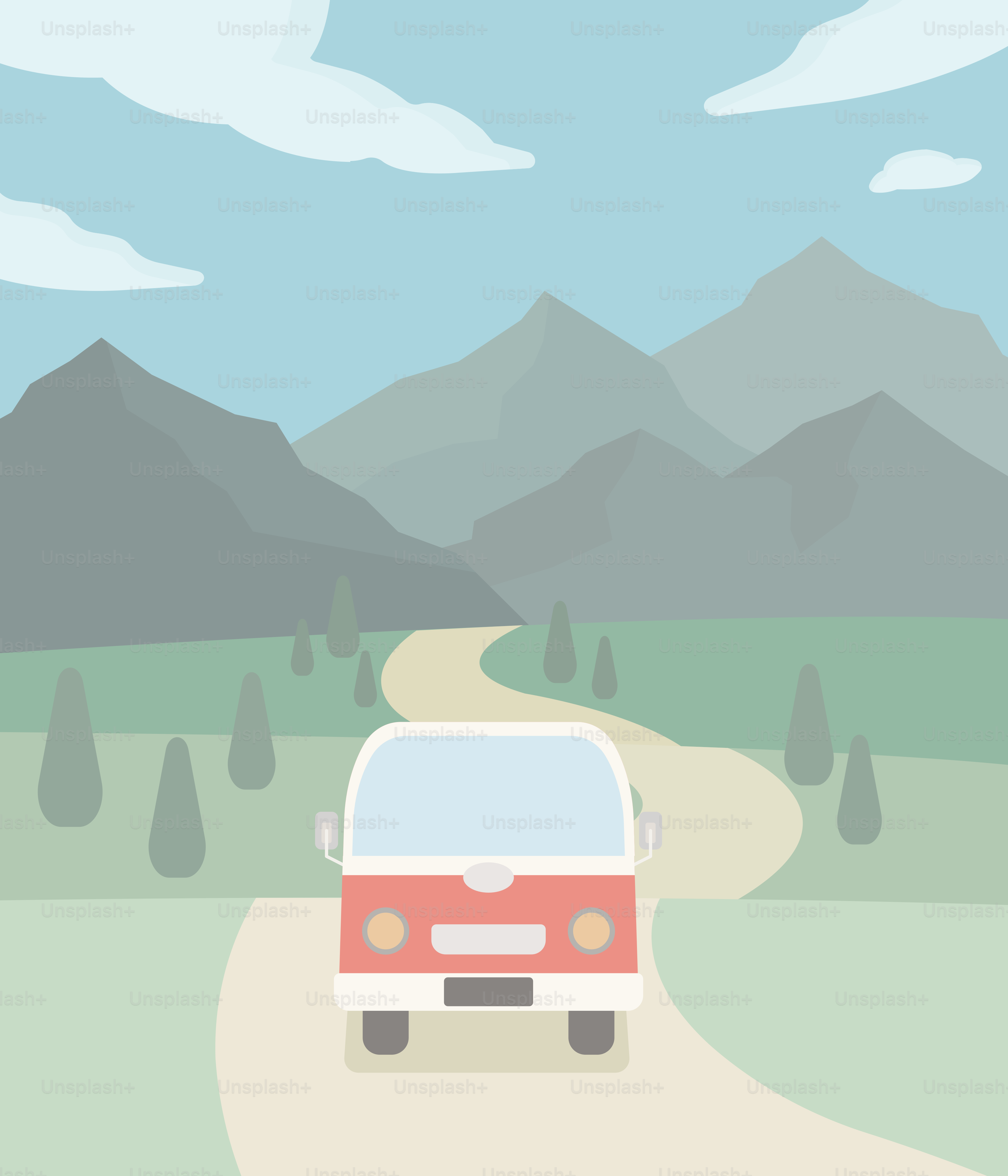 A red car driving down a road with mountains in the background