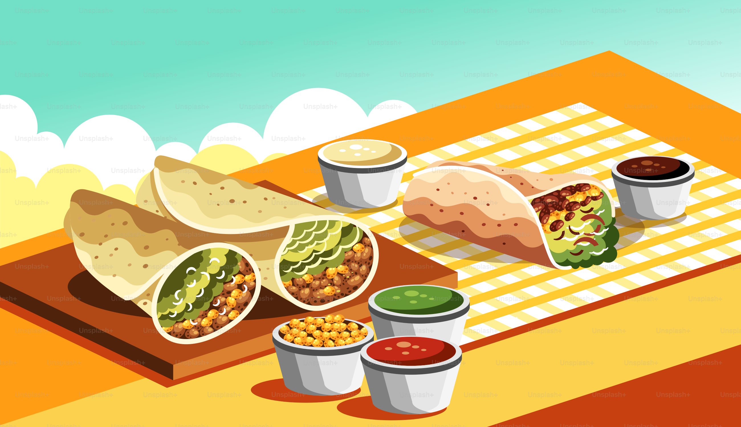 A flat lay of food on a picnic table