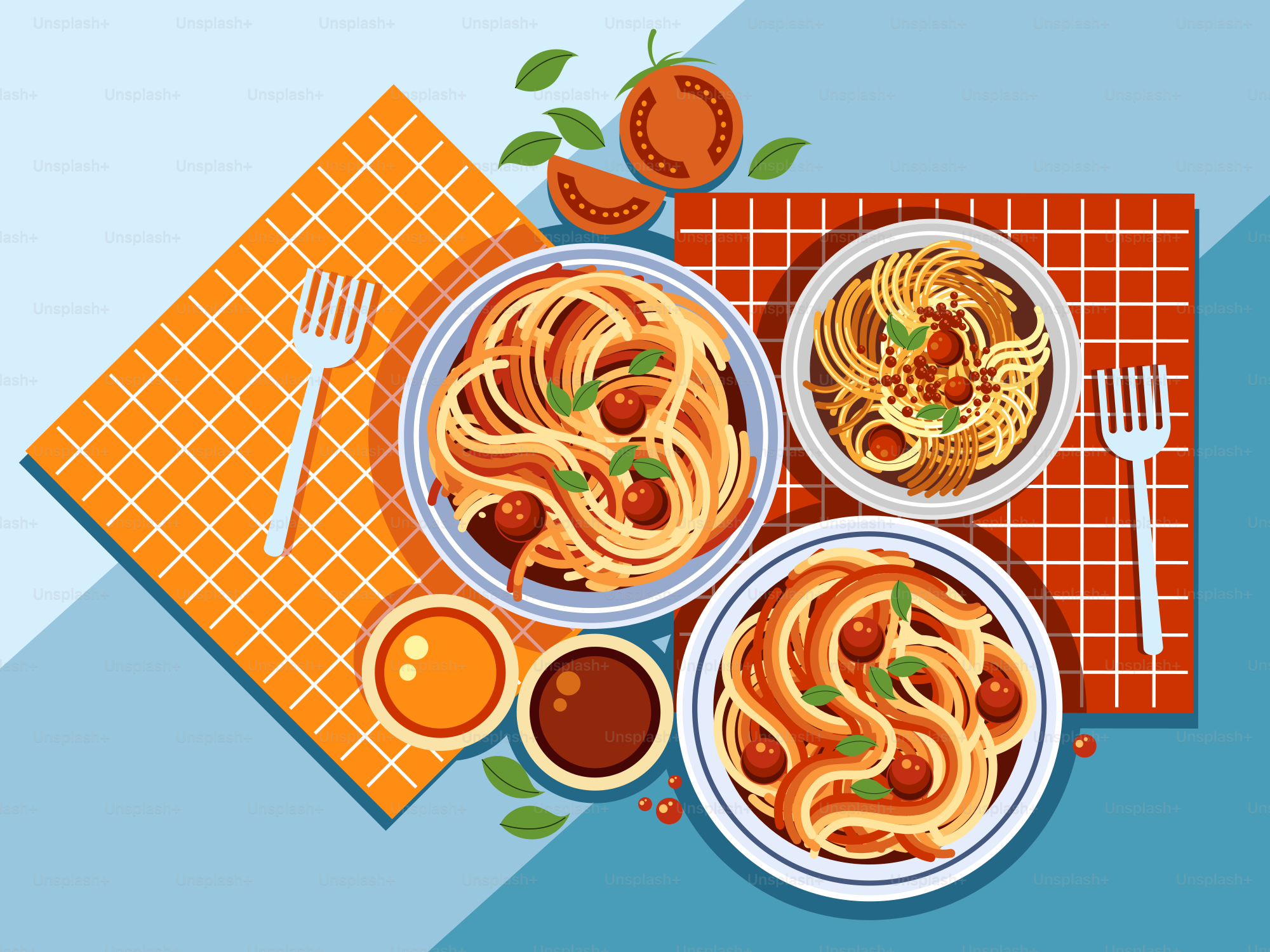 A table topped with plates of pasta and sauce