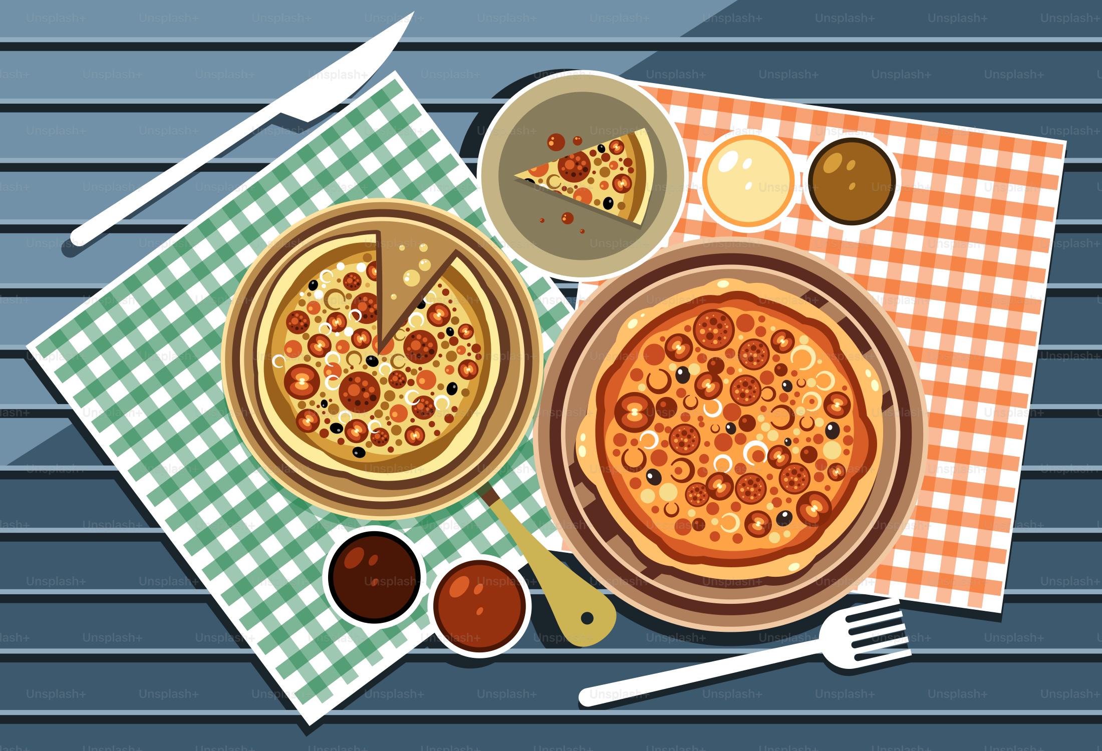 A table topped with two pizzas next to a fork and knife