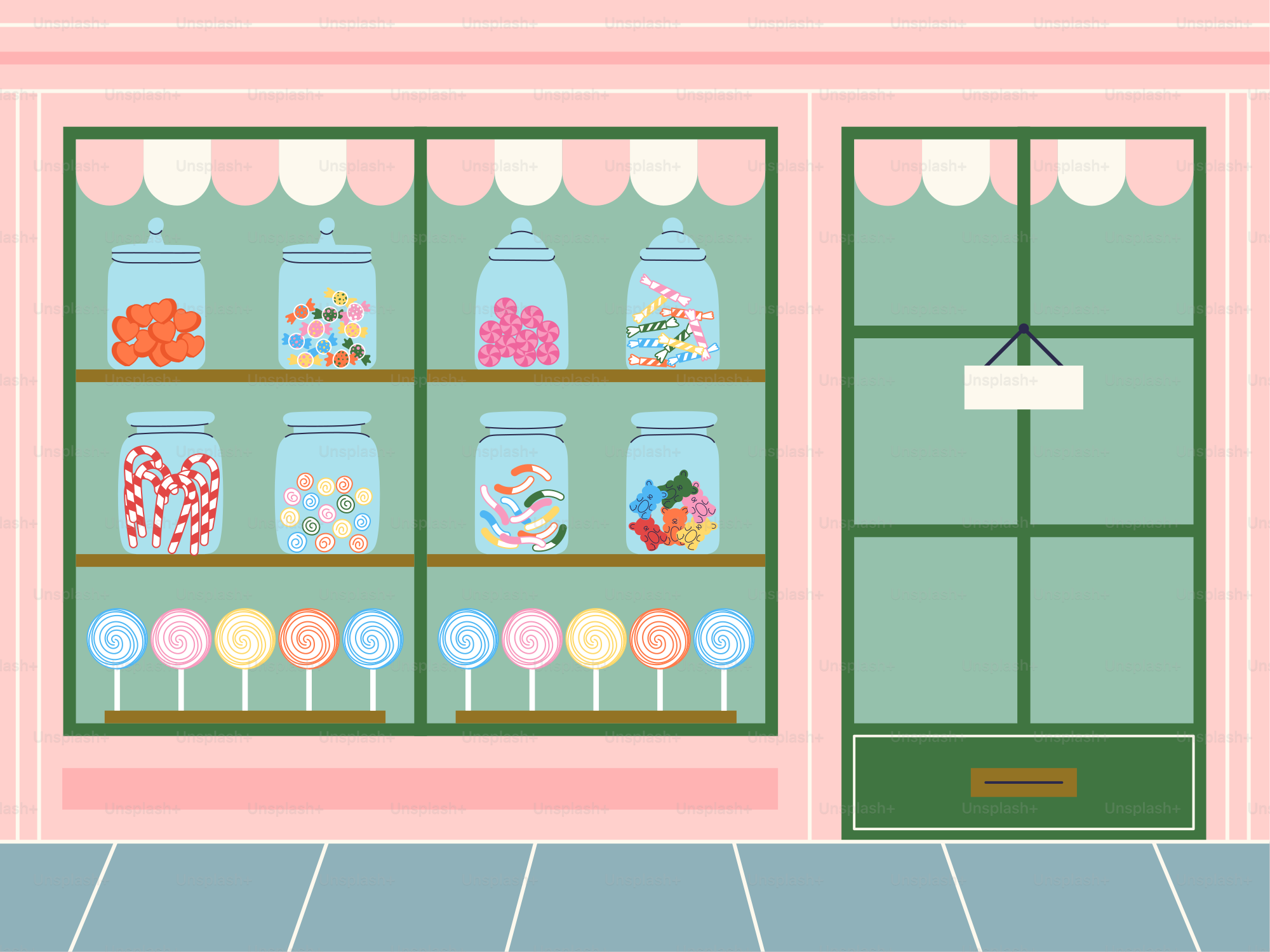 A store front with a large window filled with candy