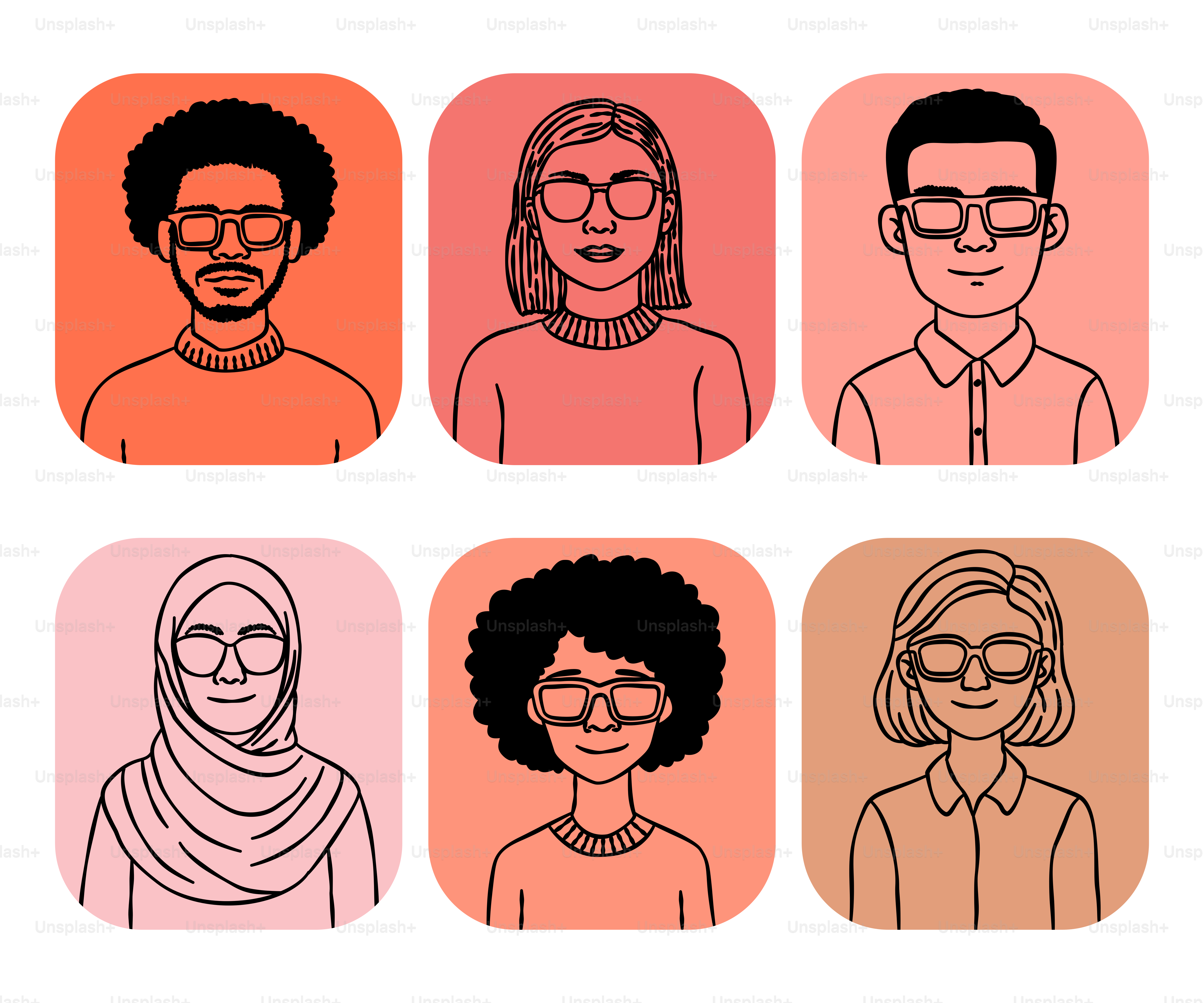 A group of people with different hairs and glasses