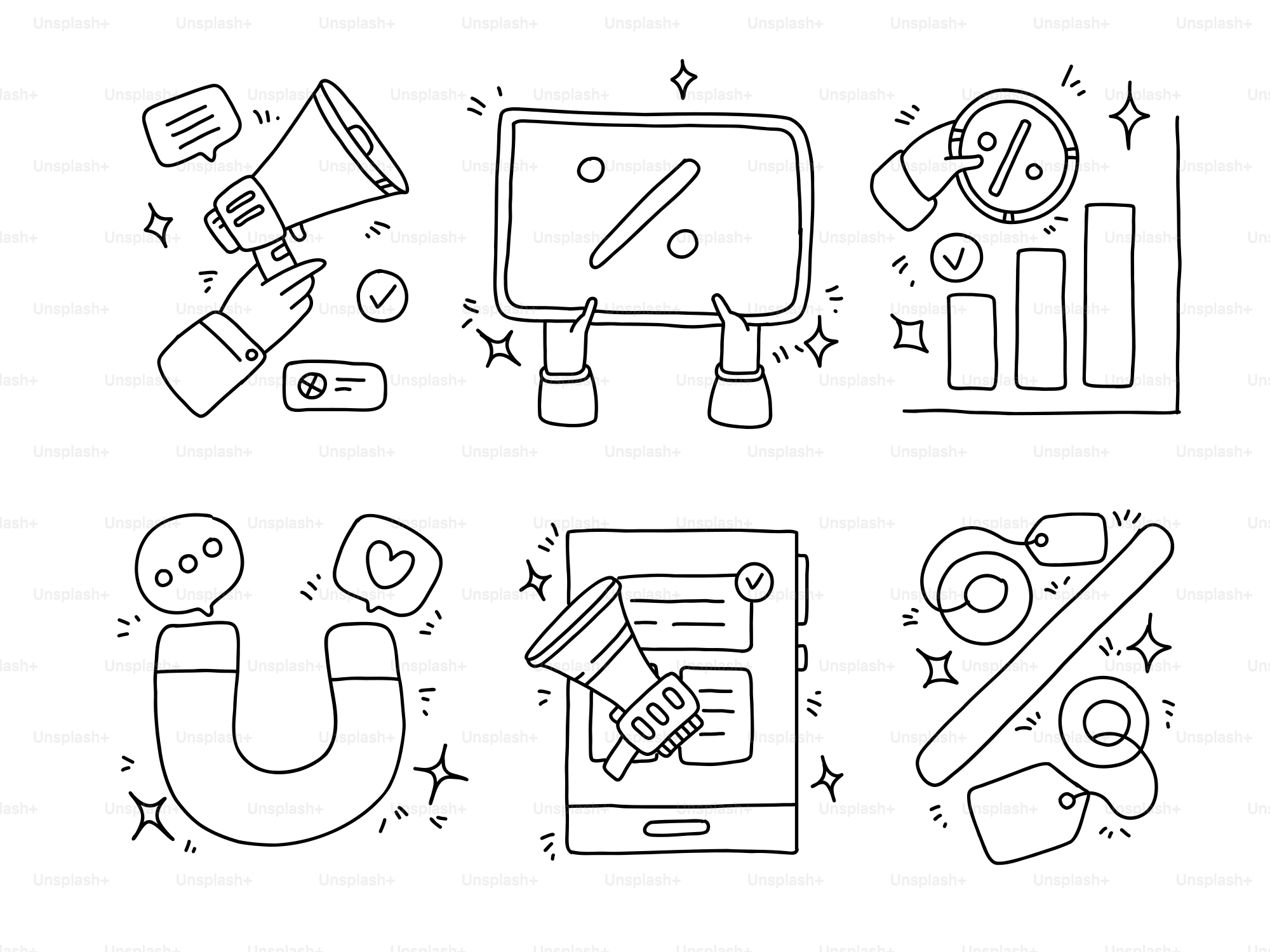 A black and white line drawing of various items